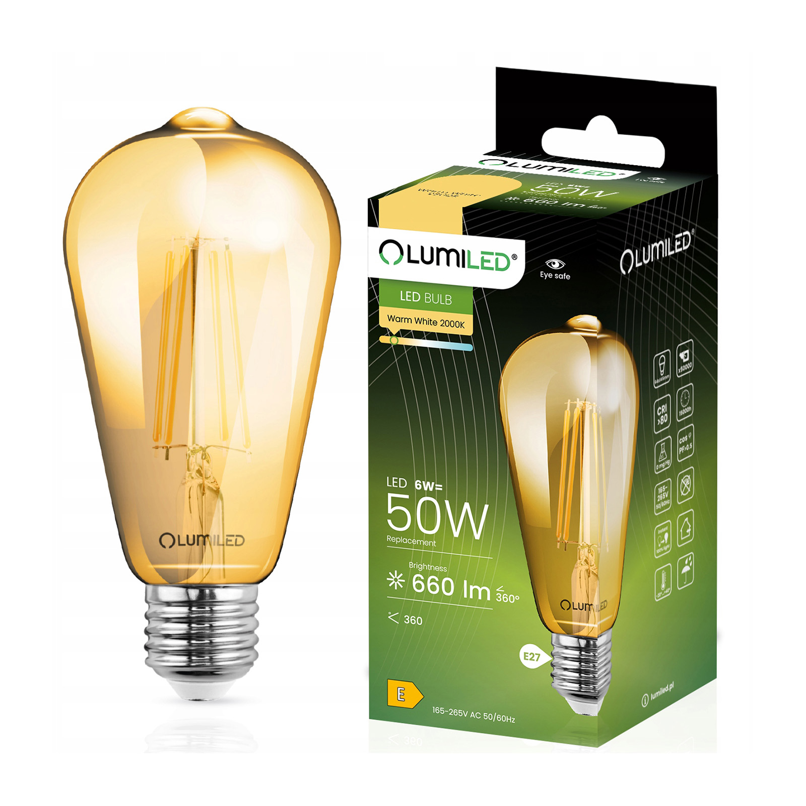 Żarówka LED E27 Edison ST64 6W = 50W 660lm 2000K Ciepła 360° FILAMENT LUMILED - główne zdjęcie produktu