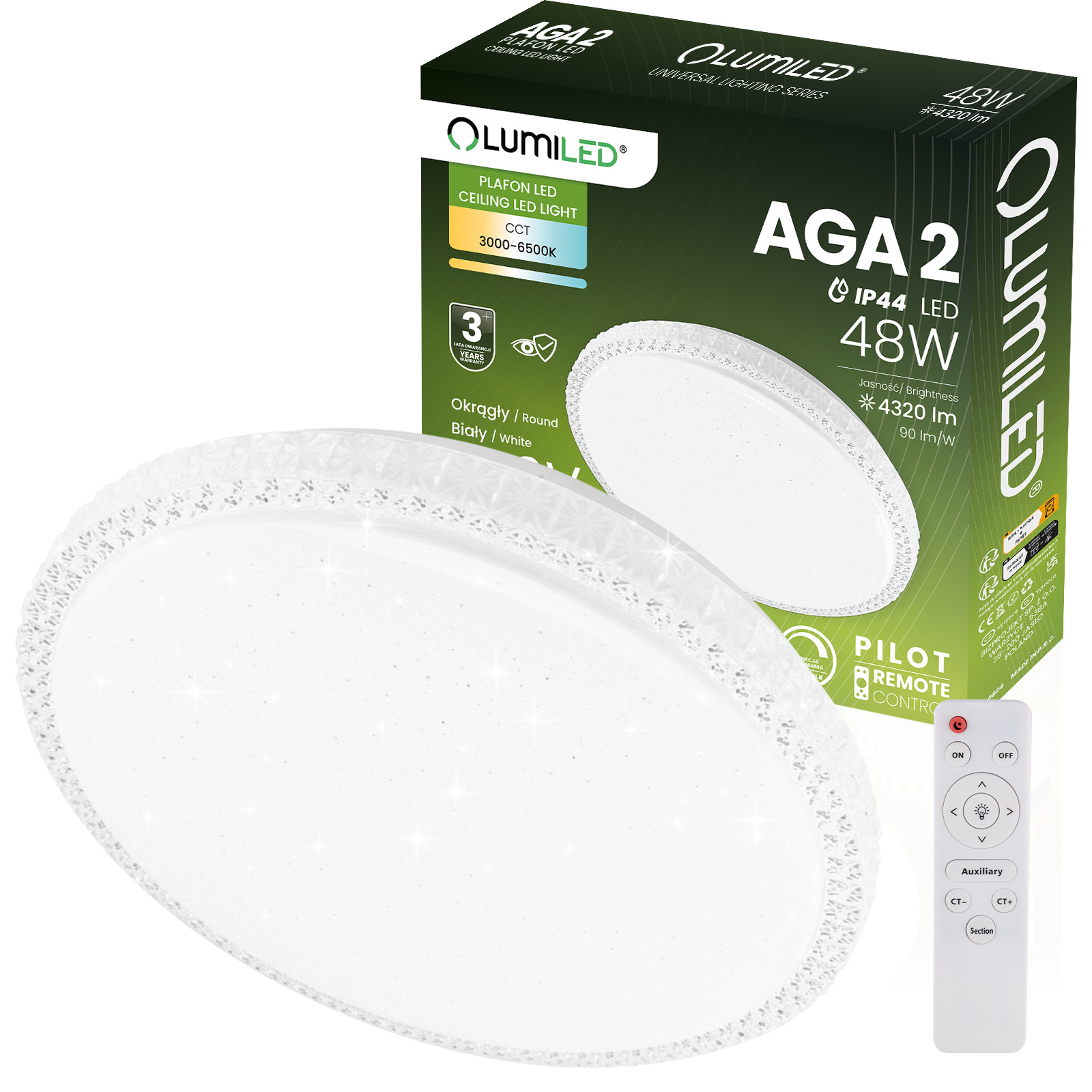 Plafon LED Lampa Sufitowa Natynkowa AGA2 48W IP44 CCT Biały Okrągły 40cm + PILOT LUMILED - główne zdjęcie produktu