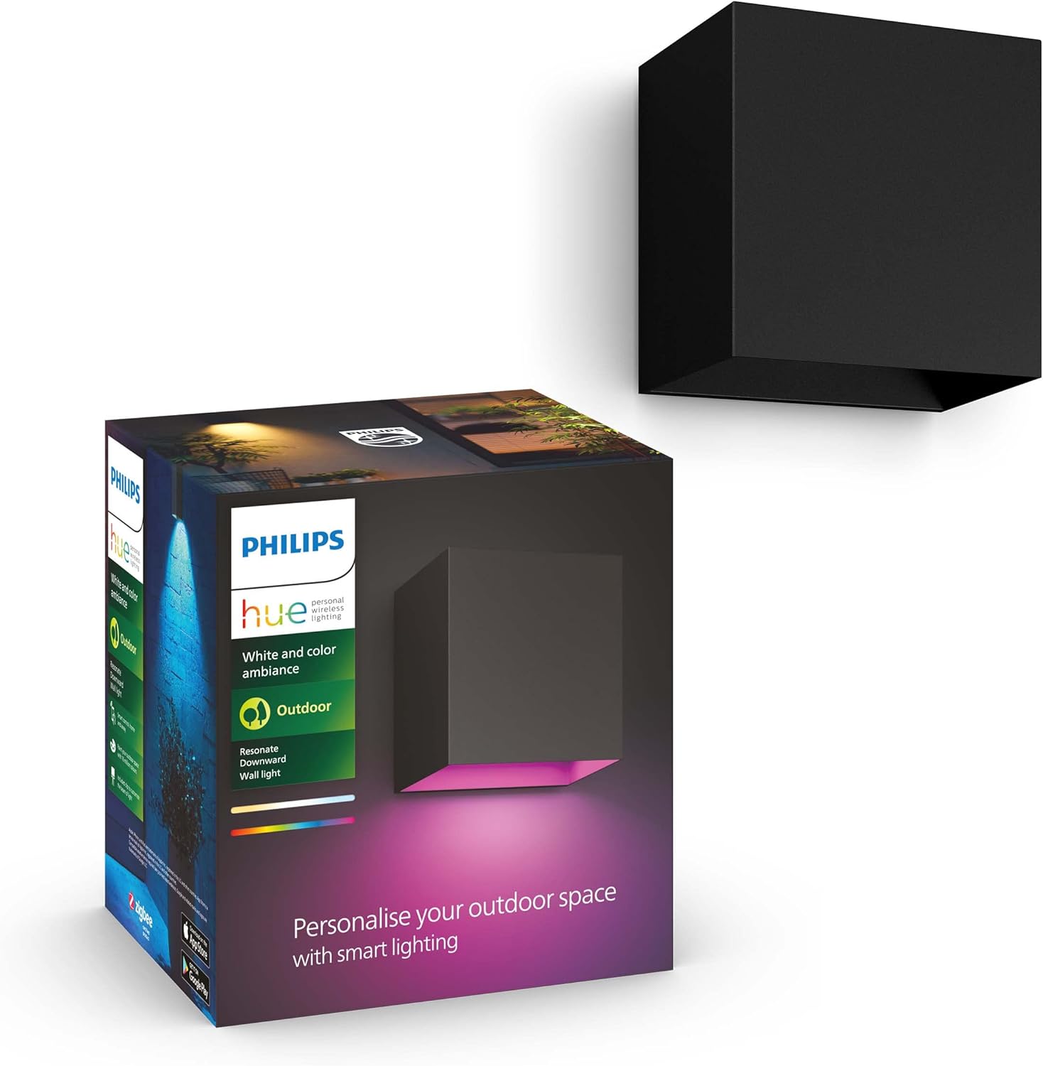 Kinkiet Ogrodowy LED Lampa Zewnętrzna Elewacyjna 8W 590lm IP44 White and Color Ambiance RGB + TW Czarna Inteligentna SMART Zigbee Bluetooth Resonate Philips HUE - główne zdjęcie produktu