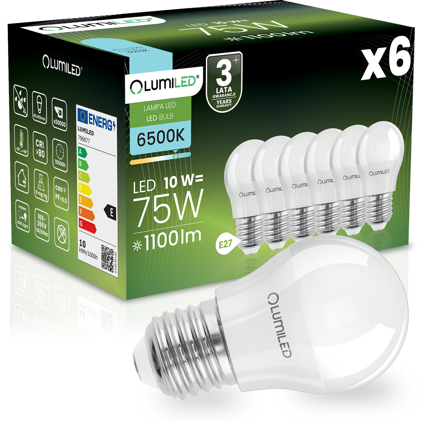 6x Żarówka LED E27 Kulka P45 10W = 75W 1100lm 6500K Zimna 180° LUMILED - główne zdjęcie produktu