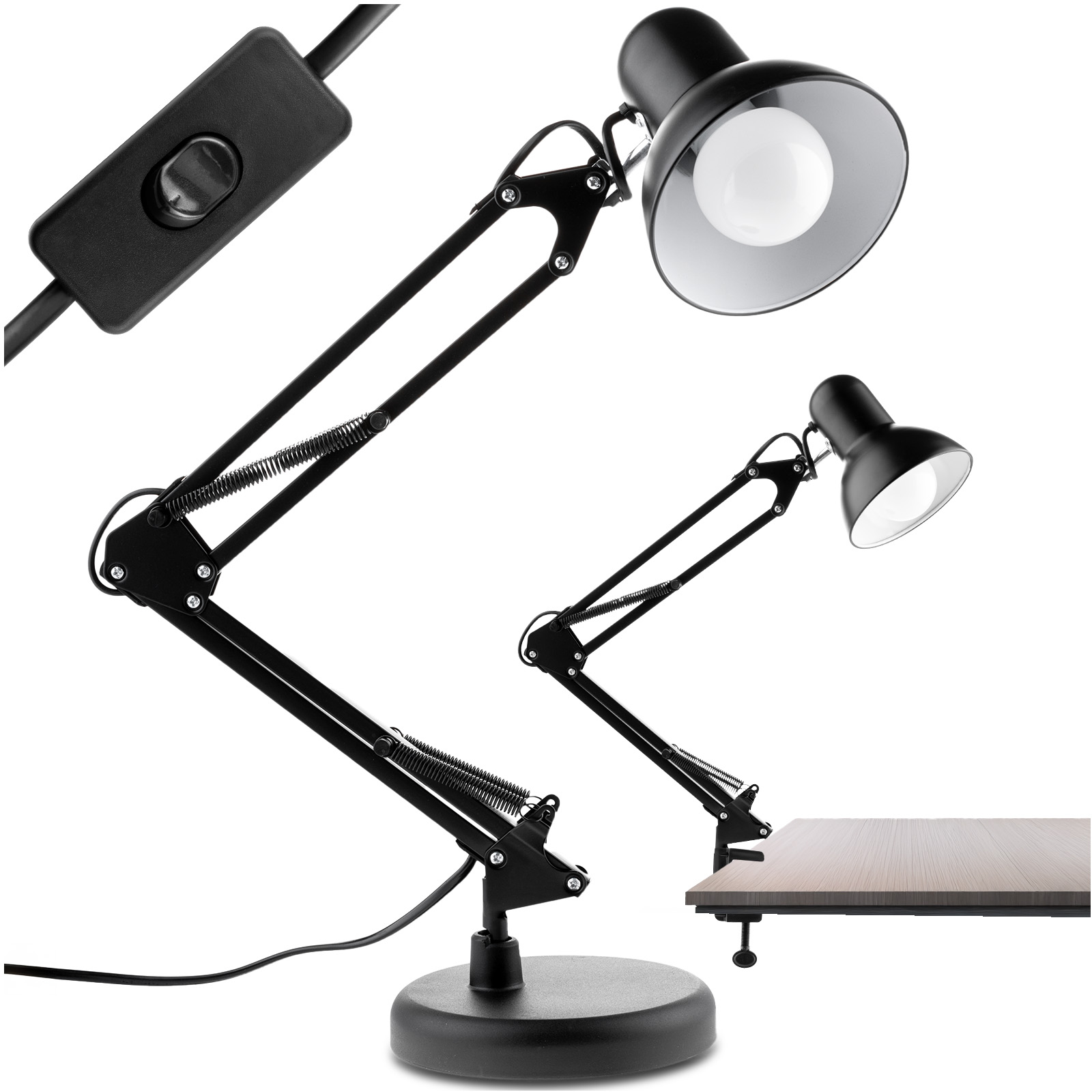 Lampka Biurkowa Kreślarska Stołowa E27 TOBI Czarna Lumiled + Uchwyt na Blat - główne zdjęcie produktu
