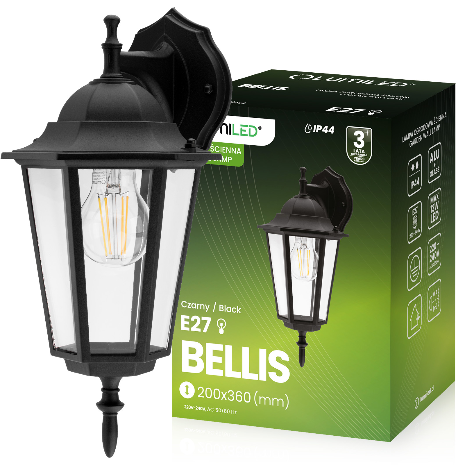 Kinkiet Ogrodowy Elewacyjny Zewnętrzny E27 LATARNIA do DOŁU Czarna BELLIS LUMILED - główne zdjęcie produktu