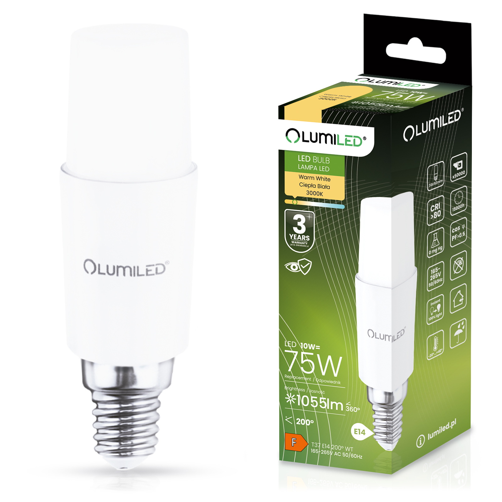 Żarówka LED E14 Tubularna T37 10W = 75W 1055lm 3000K Ciepła 200° LUMILED - główne zdjęcie produktu