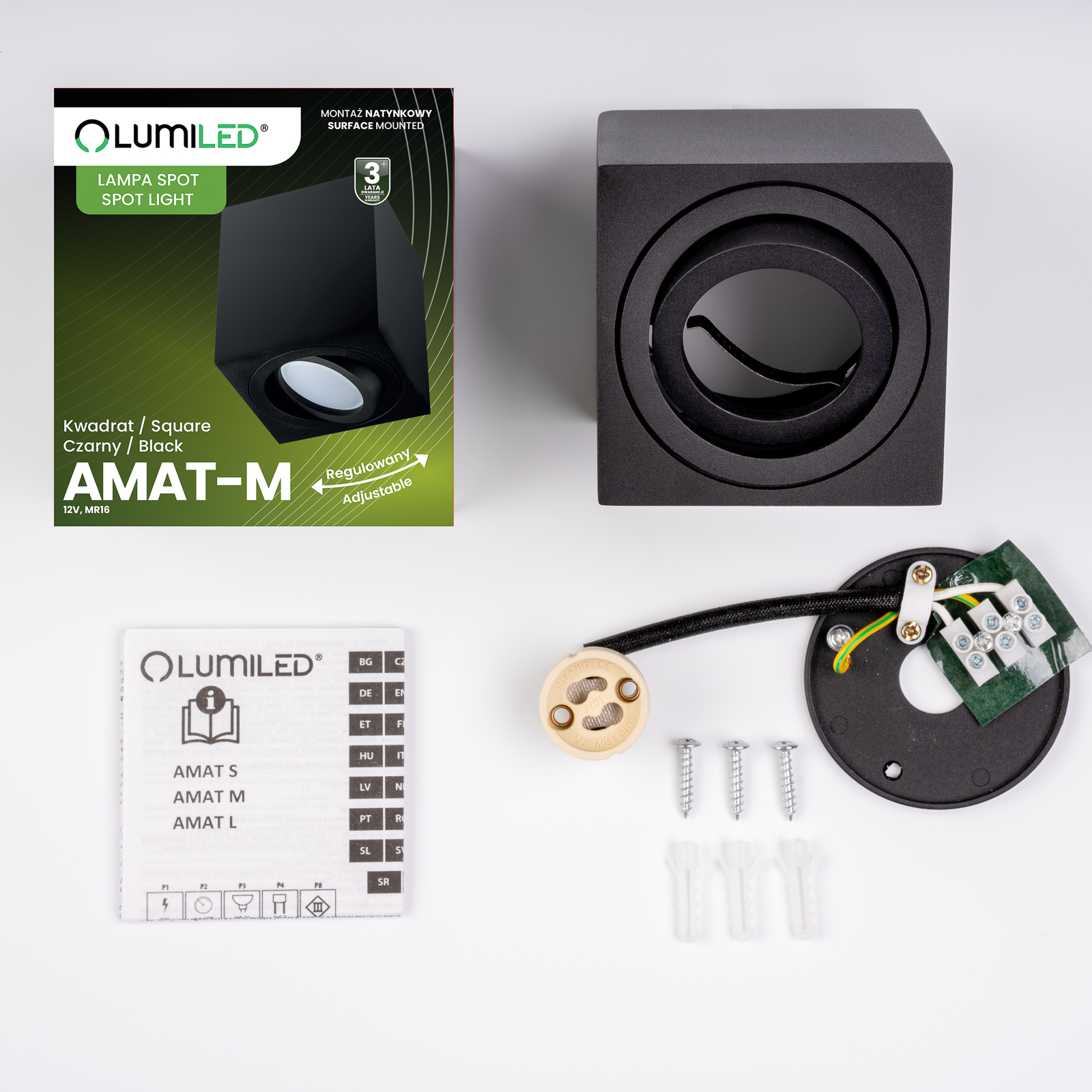 Oprawa Natynkowa HALOGENOWA Spot Tuba Ruchoma GU10 Kwadratowa Czarna 84mm AMAT-M LUMILED - skład produktu