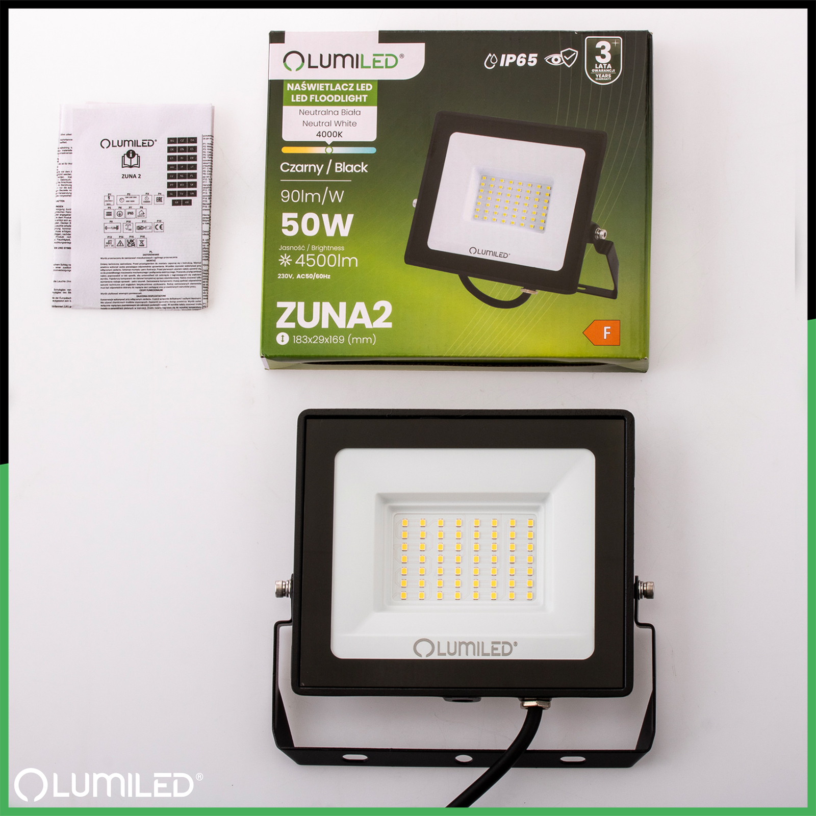 Naświetlacz LED ZUNA2 50W 4500lm 4000K IP65 Czarny LUMILED - skład produktu