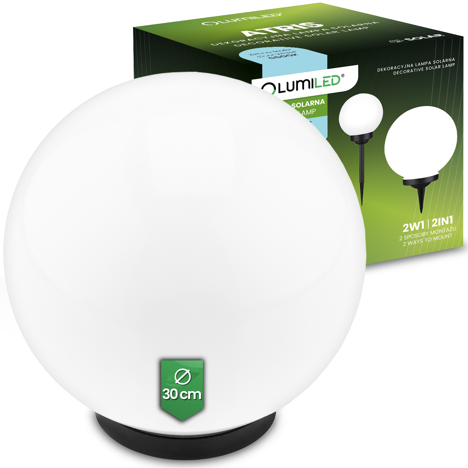 Lampa Solarna Ogrodowa LED 6500K IP44 30cm Wbijana Biała Kulka ATRIS LUMILED - główne zdjęcie produktu