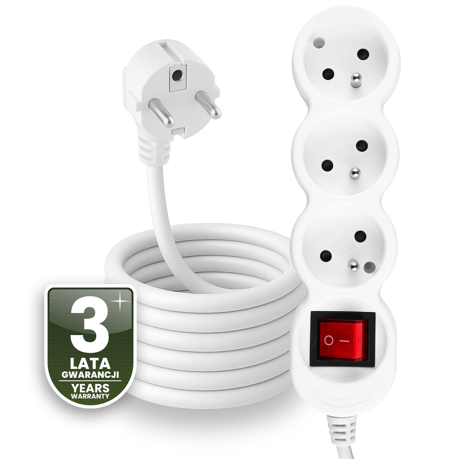 Przedłużacz Sieciowy Kabel z Uziemieniem Listwa Zasilająca 3 Gniazda 5m Włącznik ON/OFF Biały Sznur Lendo Lumiled - czwarta cecha produktu