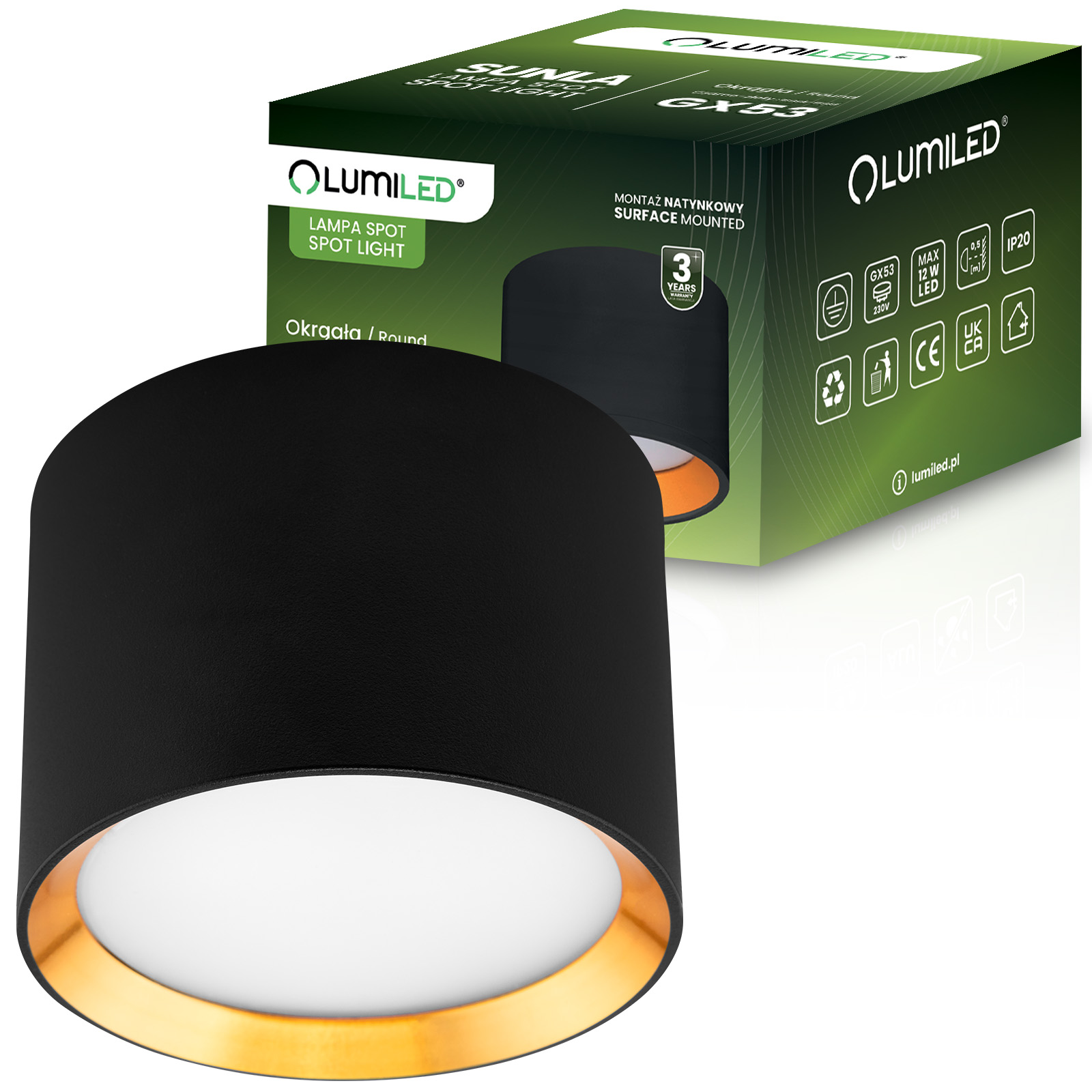 Oprawa HALOGENOWA Natynkowa SUNLA Tuba Gx53 LED Spot Kinkiet Sufitowa Walec Czarno - Złoty LUMILED - główne zdjęcie produktu