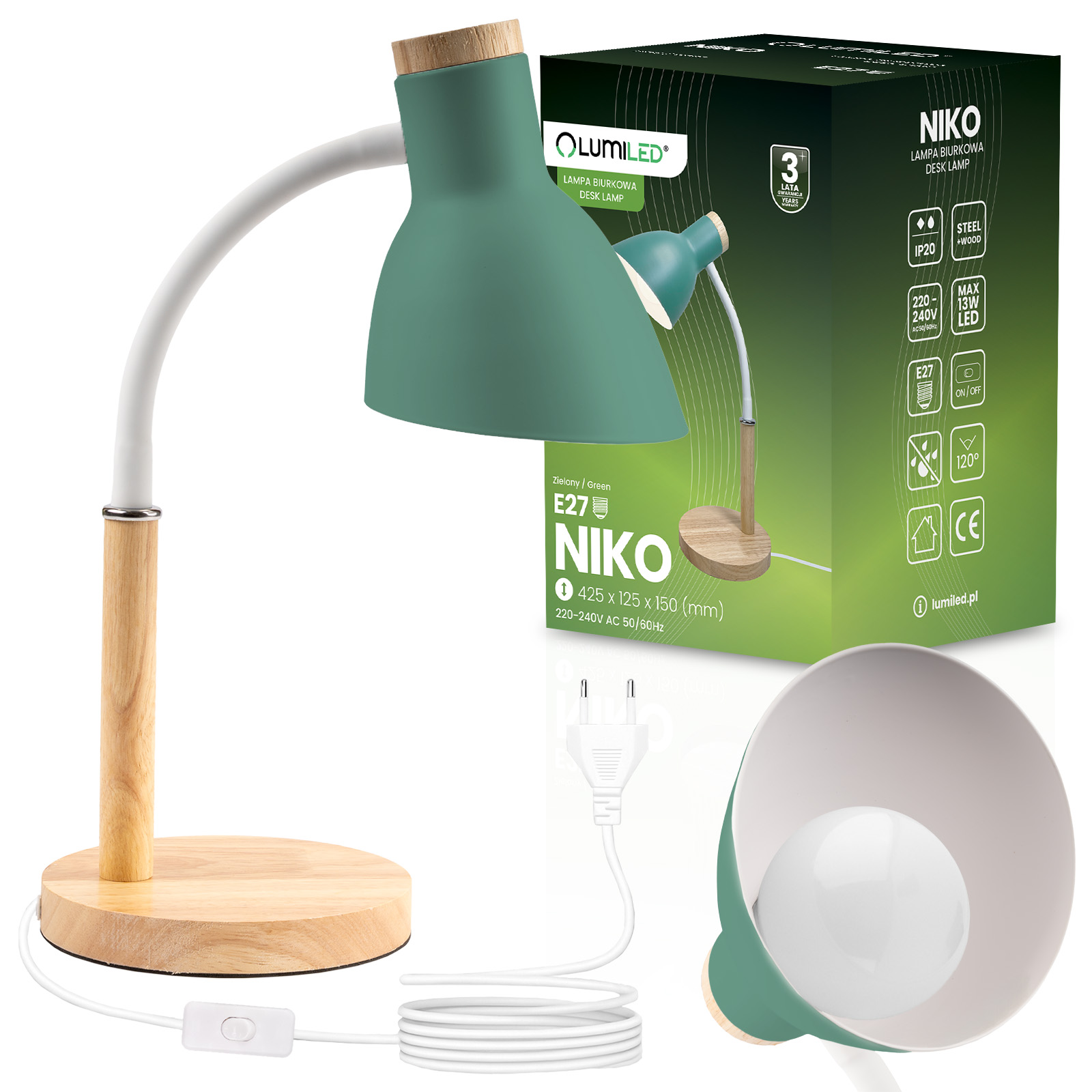 Lampka Biurkowa Szkolna Kreślarska Stołowa Dekoracyjna E27 NIKO Zielona Lumiled - główne zdjęcie produktu