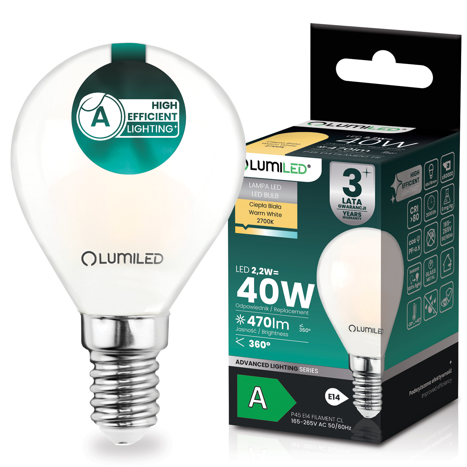 Żarówka LED E14 Kulka P45 2,2W 470lm = 40W 2700K Ciepła 360° Filament KLASA A LUMILED - główne zdjęcie produktu