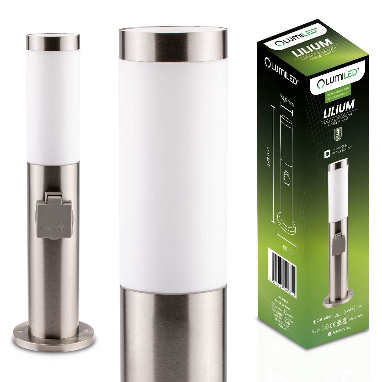 Lampa Ogrodowa Zewnętrzna E27 INOX SŁUPEK 45cm z Gniazdem 230V Lilium LUMILED - główne zdjęcie produktu