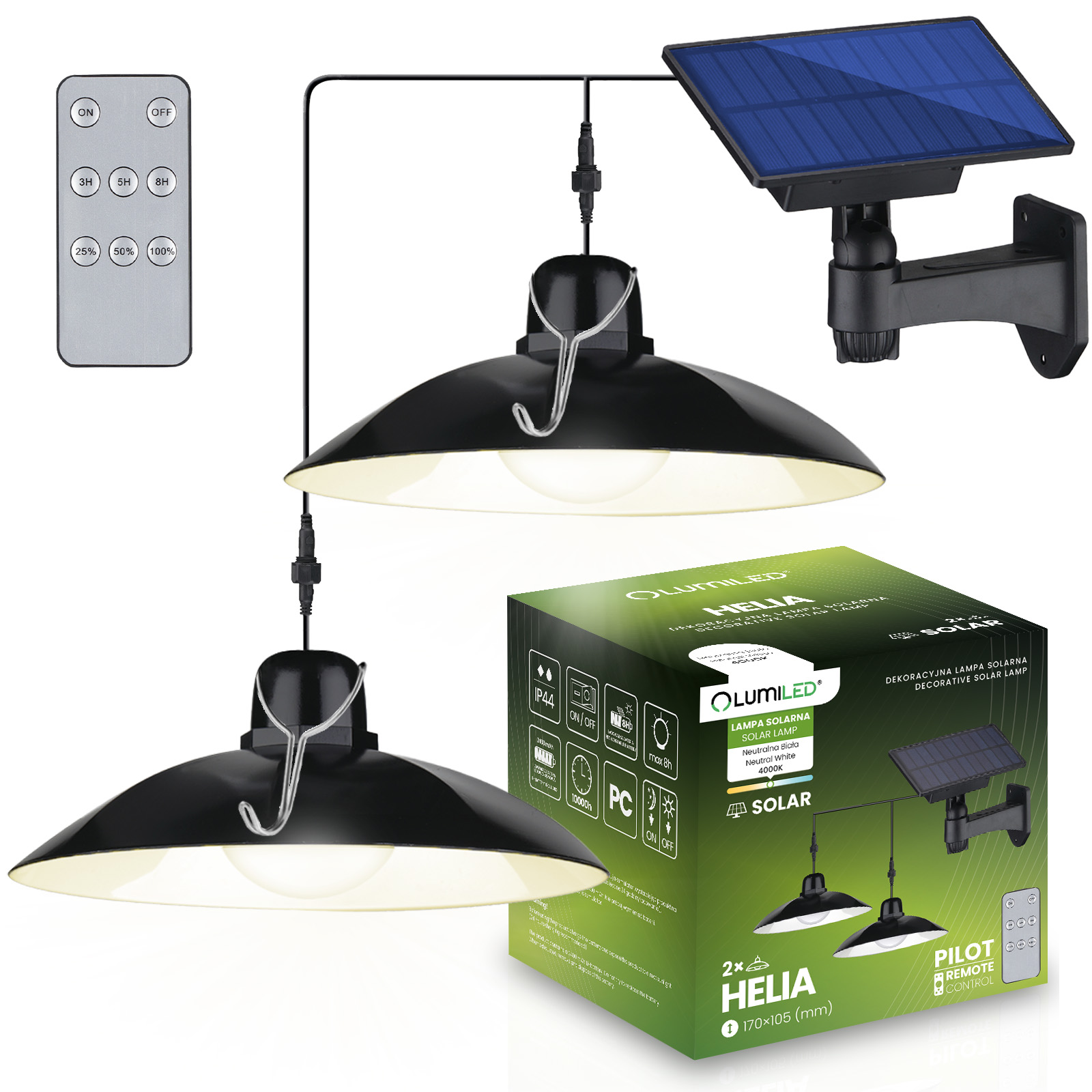 2x Lampa Solarna LED HELIA Żyrandol Wisząca Ogrodowa Sufitowa Czujnik Pilot Panel LUMILED - główne zdjęcie produktu