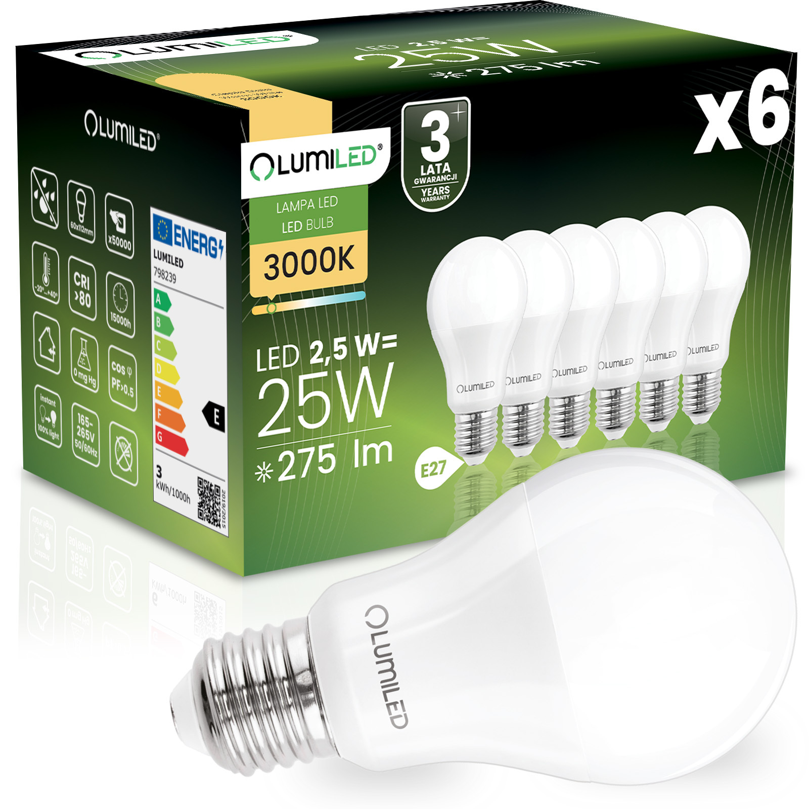 6x Żarówka LED E27 A60 2,5W = 25W 275lm 3000K Ciepła 260° LUMILED - główne zdjęcie produktu