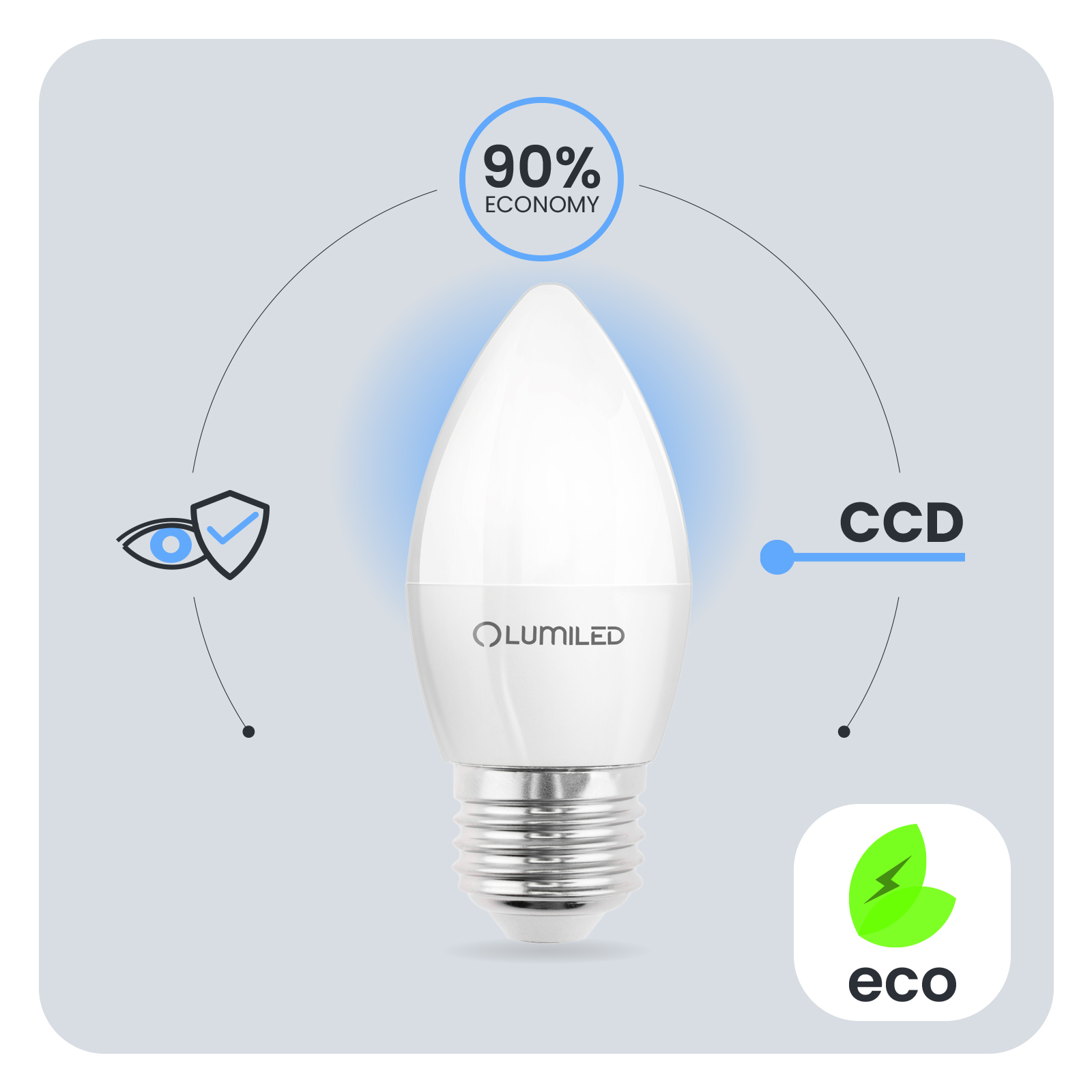 Żarówka LED E27 Świeczka B35 8W = 60W 806lm 3000K Ciepła 180° LUMILED - pierwsza cecha produktu
