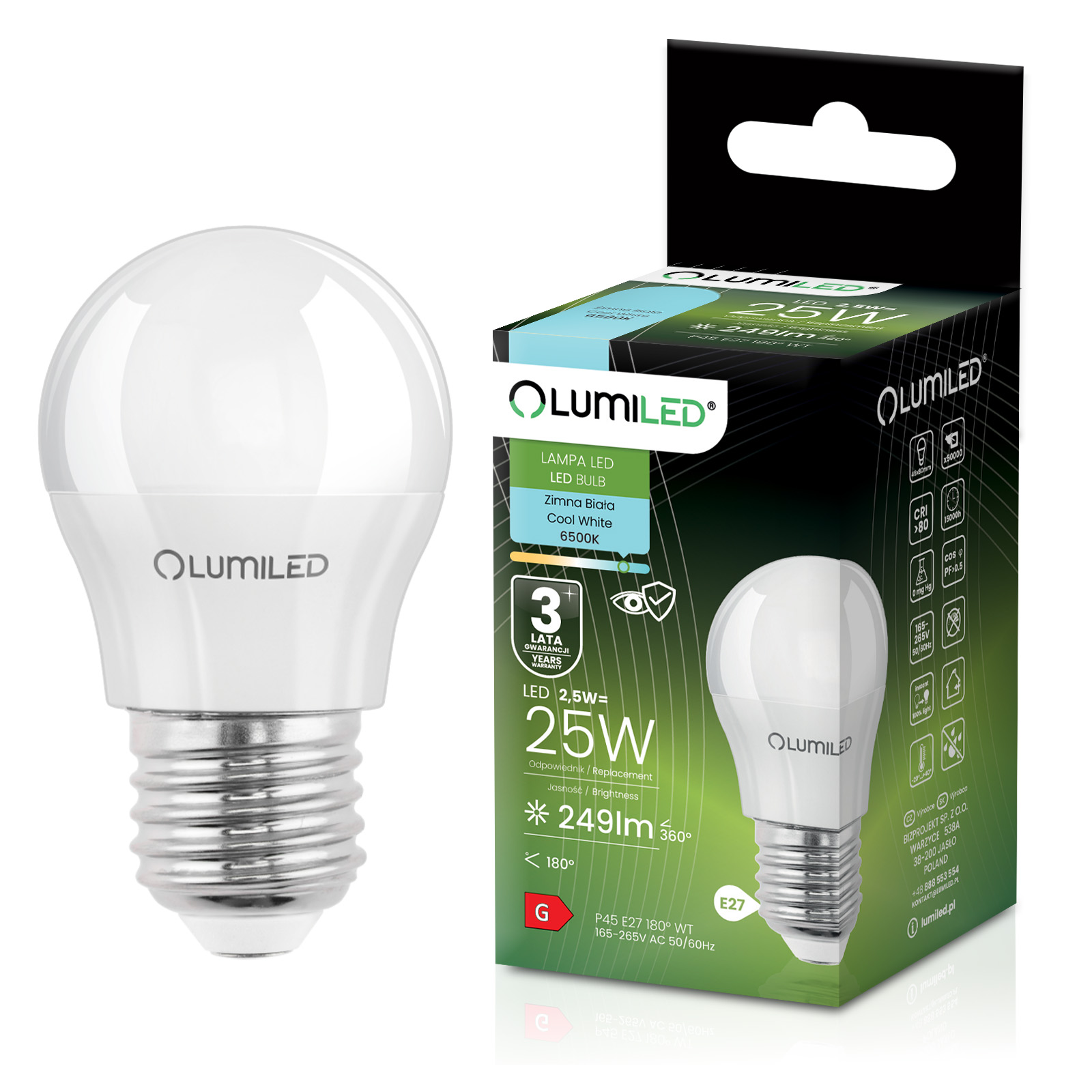 Żarówka LED E27 Kulka P45 2,5W = 25W 249lm 6500K Zimna 180° LUMILED - główne zdjęcie produktu