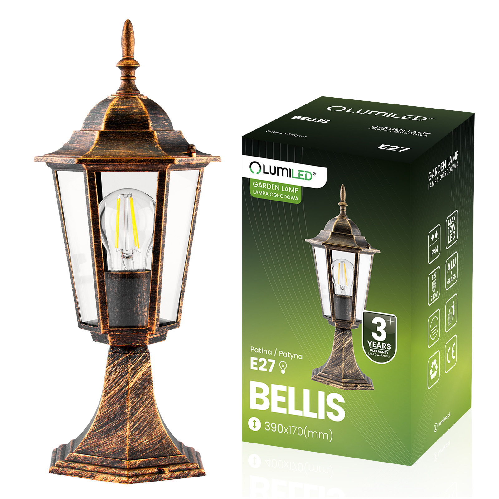 Lampa Ogrodowa Zewnętrzna E27 SŁUPEK LATARNIA 39cm Patyna BELLIS LUMILED - główne zdjęcie produktu