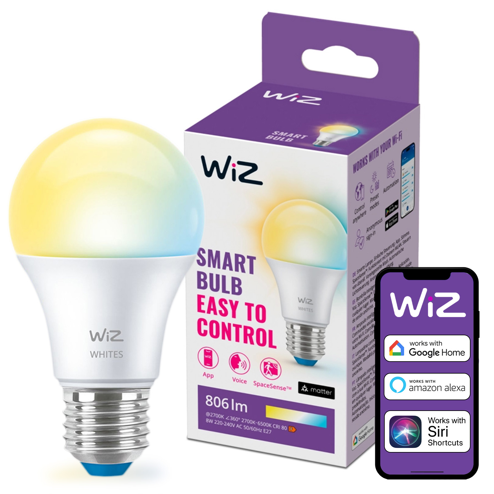 Żarówka LED E27 A60 8W = 60W 806lm 2700-6500K TW Inteligentna SMART WiFi Bluetooth Aplikacja WiZ - główne zdjęcie produktu