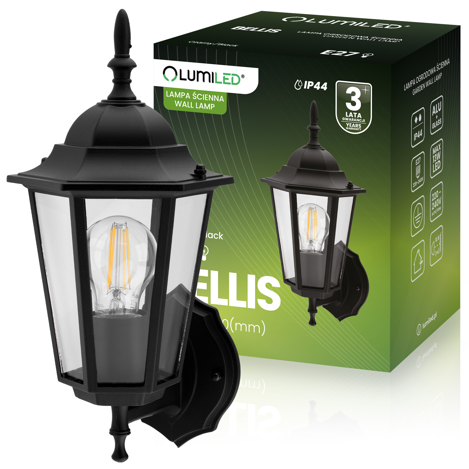 Kinkiet Ogrodowy Elewacyjny Zewnętrzny E27 LATARNIA do GÓRY Czarna BELLIS LUMILED - główne zdjęcie produktu