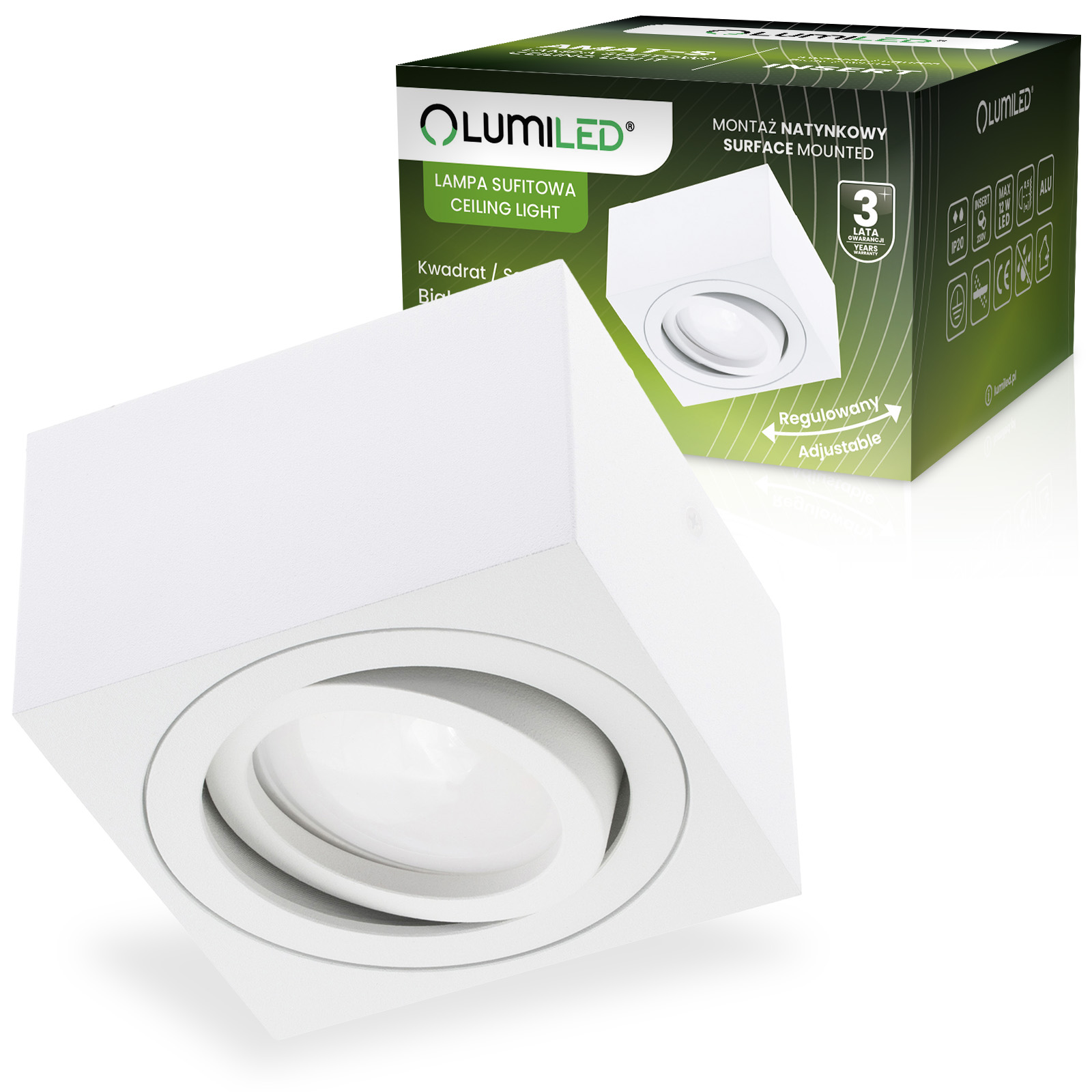 Oprawa Natynkowa HALOGENOWA Spot Tuba Ruchoma Kwadratowa Biała 50mm AMAT-S LUMILED - główne zdjęcie produktu