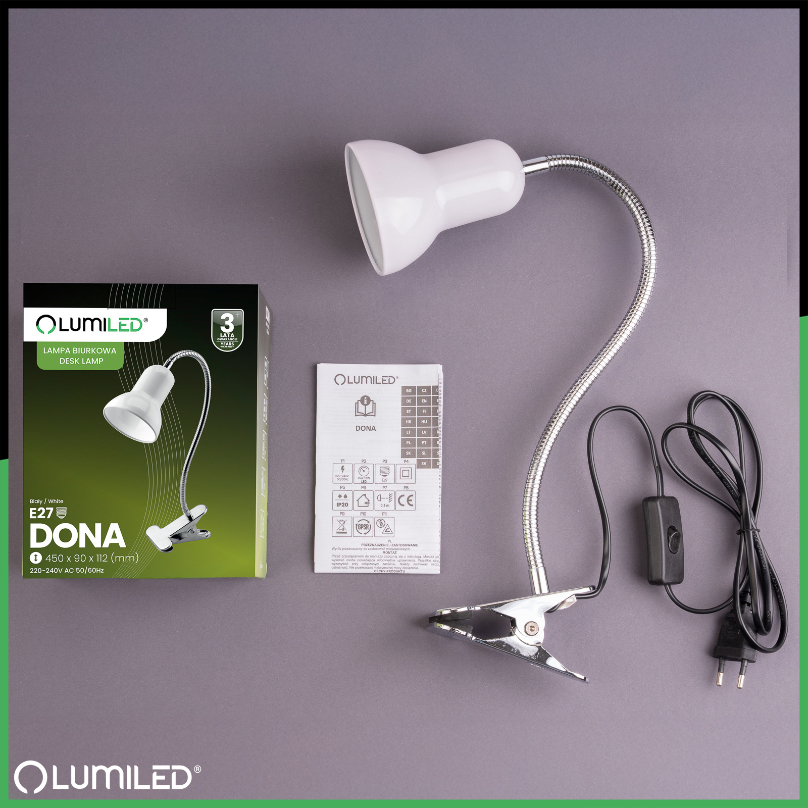 Lampka Biurkowa Stołowa Regulowana DONA Szkolna Nocna E27 Klips Biała LUMILED - skład produktu