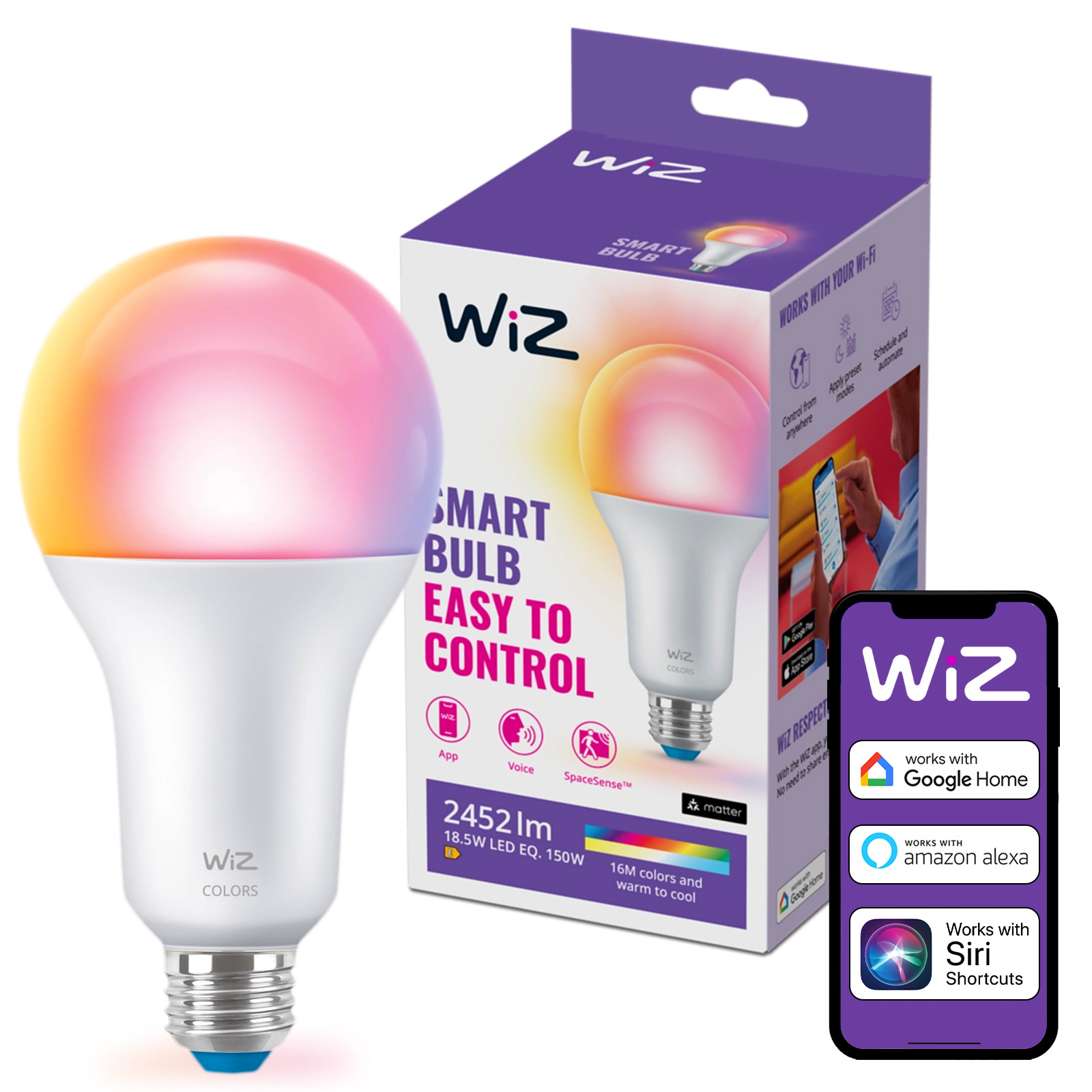 Żarówka LED E27 A80 18.5W = 150W 2452lm 2200-6500K RGB + TW Inteligentna SMART WiFi Bluetooth Aplikacja WiZ - główne zdjęcie produktu