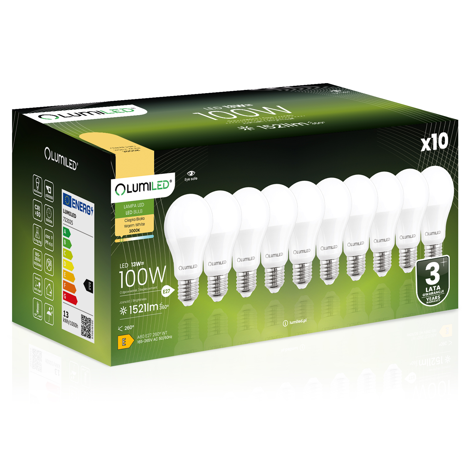 10x Żarówka LED E27 A60 13W = 100W 1521lm 3000K Ciepła 260° LUMILED - główne zdjęcie produktu