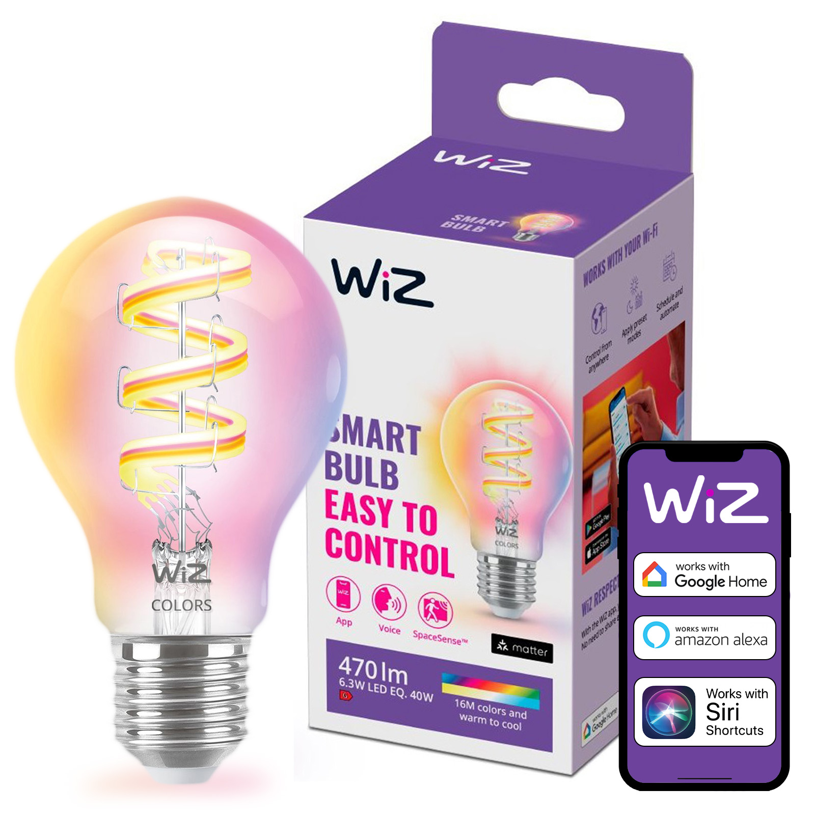 Żarówka LED E27 A60 6.3W = 40W 470lm 2200-6500K RGB + TW FILAMENT Inteligentna SMART WiFi Bluetooth Aplikacja WiZ - główne zdjęcie produktu