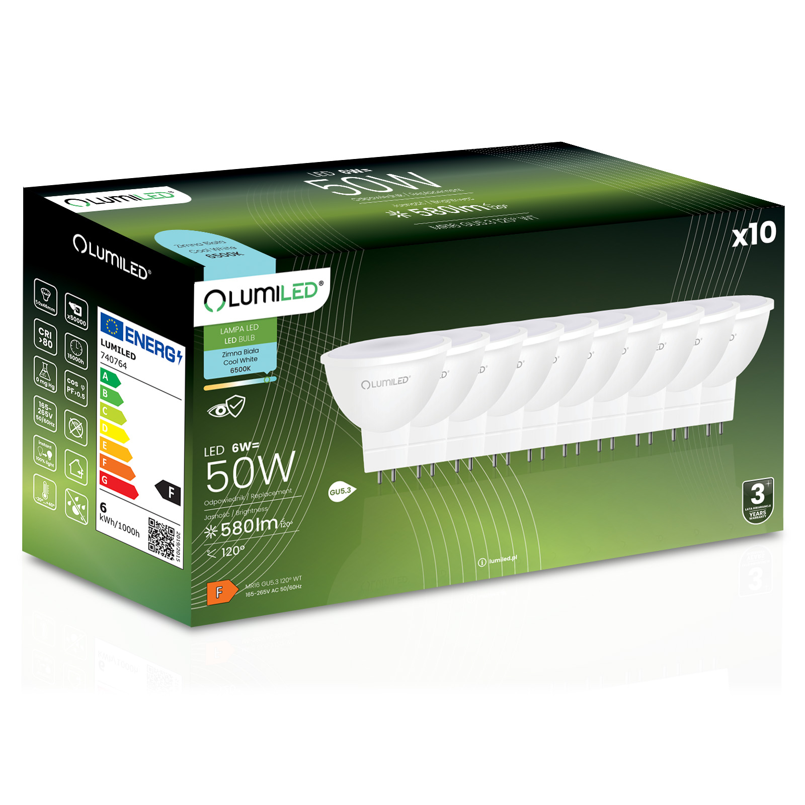 10x Żarówka LED GU5.3 Reflektor MR16 6W = 50W 580lm 6500K Zimna 120° LUMILED - główne zdjęcie produktu