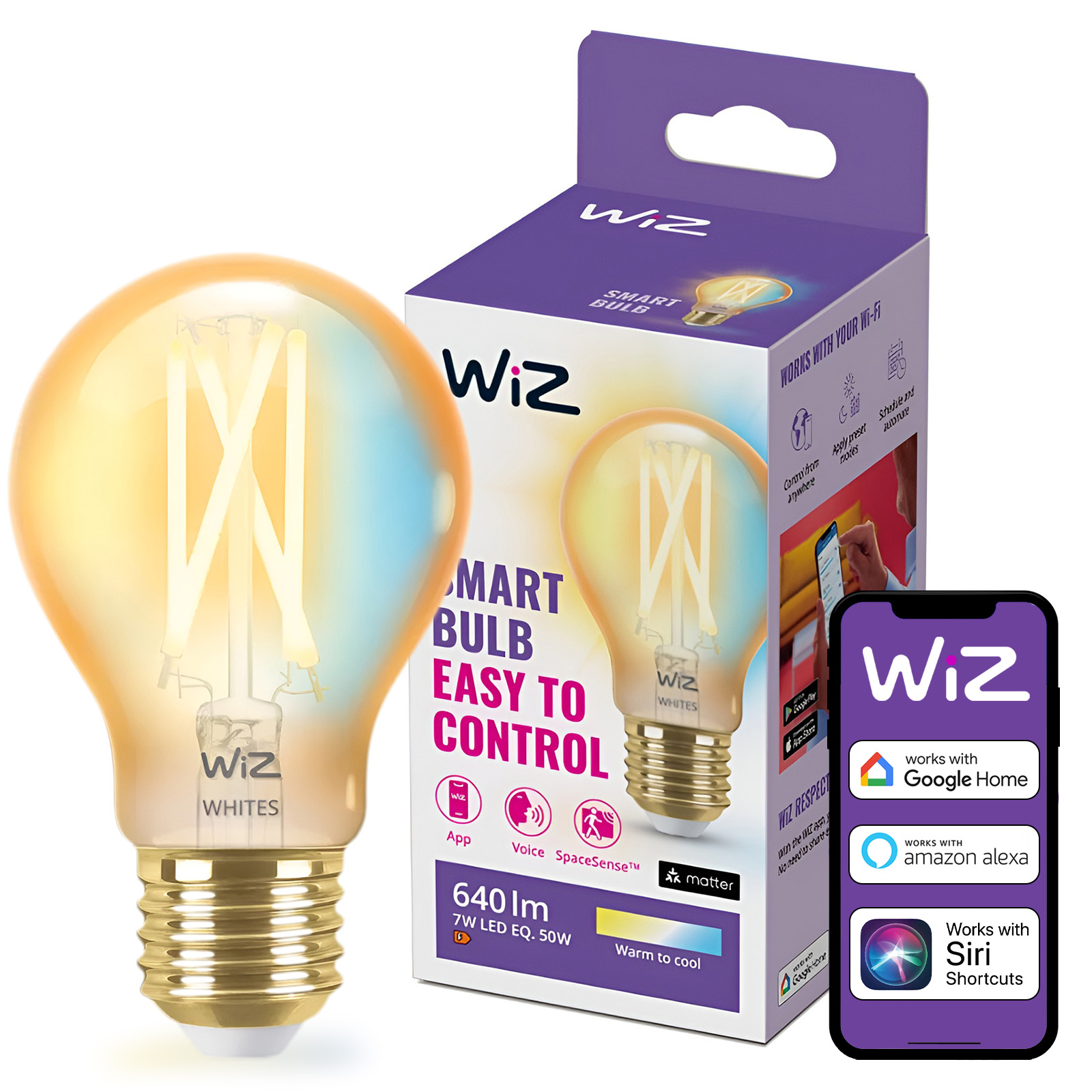Żarówka LED E27 A60 7W = 50W 640lm 2000-5000K TW FILAMENT Bursztynowa Inteligentna SMART WiFi Bluetooth Aplikacja WiZ - główne zdjęcie produktu