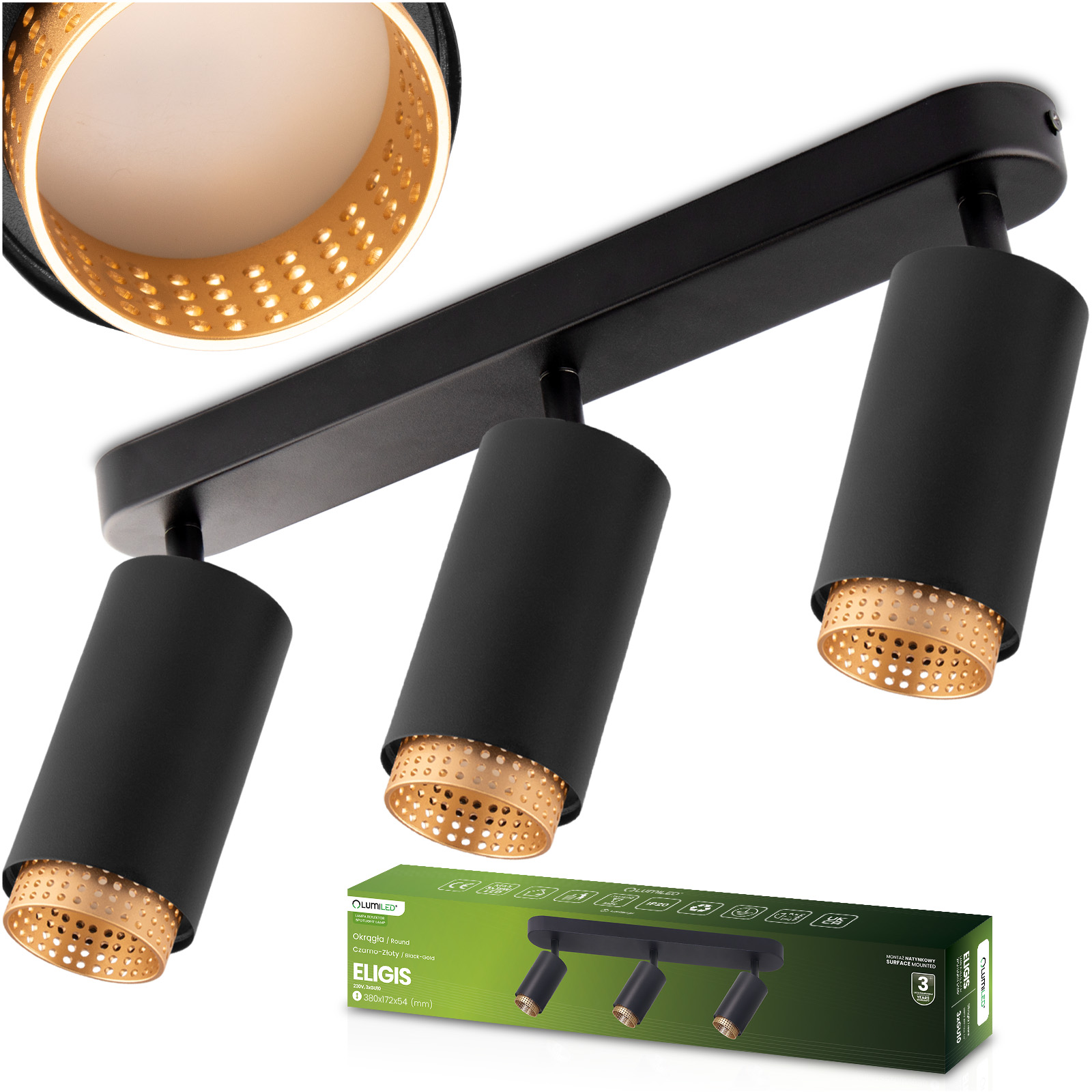 Lampa Sufitowa Reflektor LED 3x GU10 Tuba Spot ELIGIS Czarny LUMILED - główne zdjęcie produktu