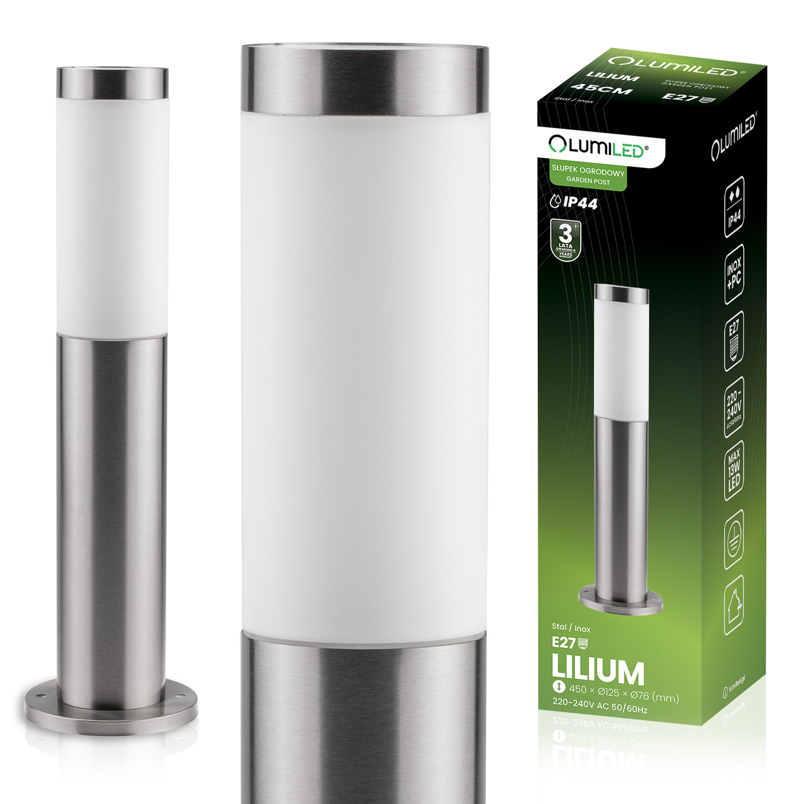 Lampa Ogrodowa Zewnętrzna E27 INOX SŁUPEK 45cm Lilium LUMILED - główne zdjęcie produktu