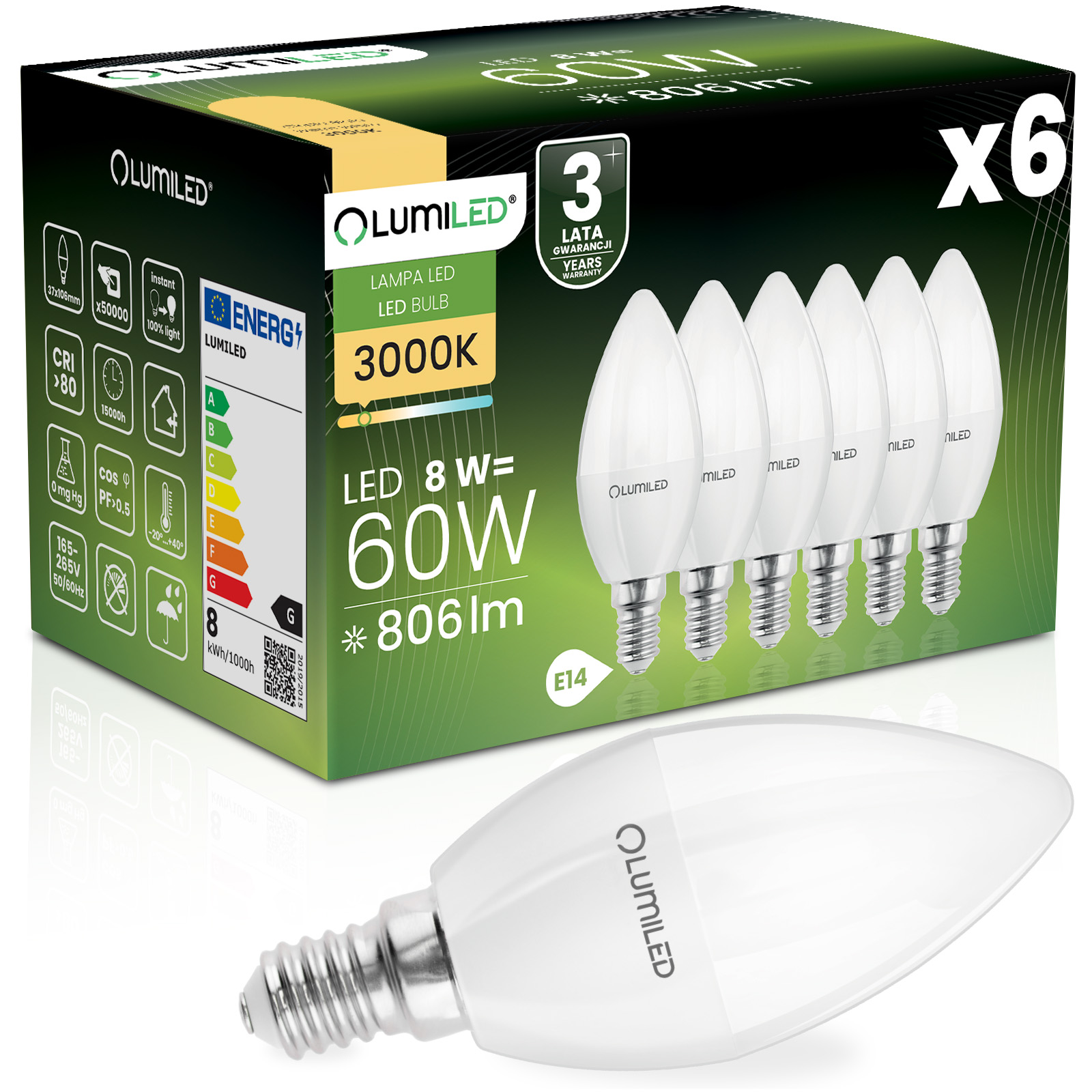 6x Żarówka LED E14 Świeczka B35 8W = 60W 806lm 3000K Ciepła 180° LUMILED - główne zdjęcie produktu