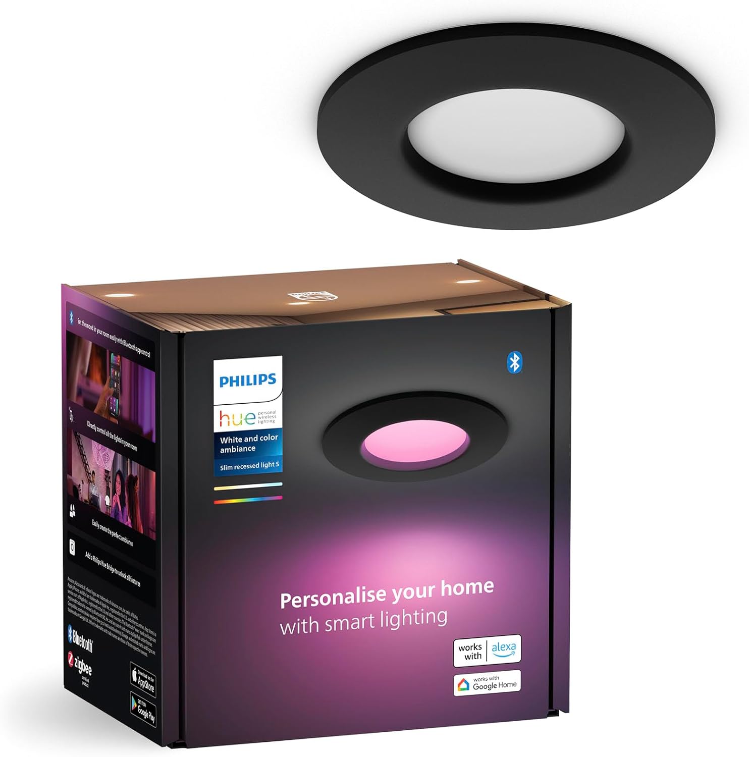Panel LED Oprawa Podtynkowa Wpuszczana 8.3W 1000lm IP44 White and Color Ambiance RGB + TW Czarna Inteligentna SMART Zigbee Bluetooth Slim Downlights Philips HUE - główne zdjęcie produktu