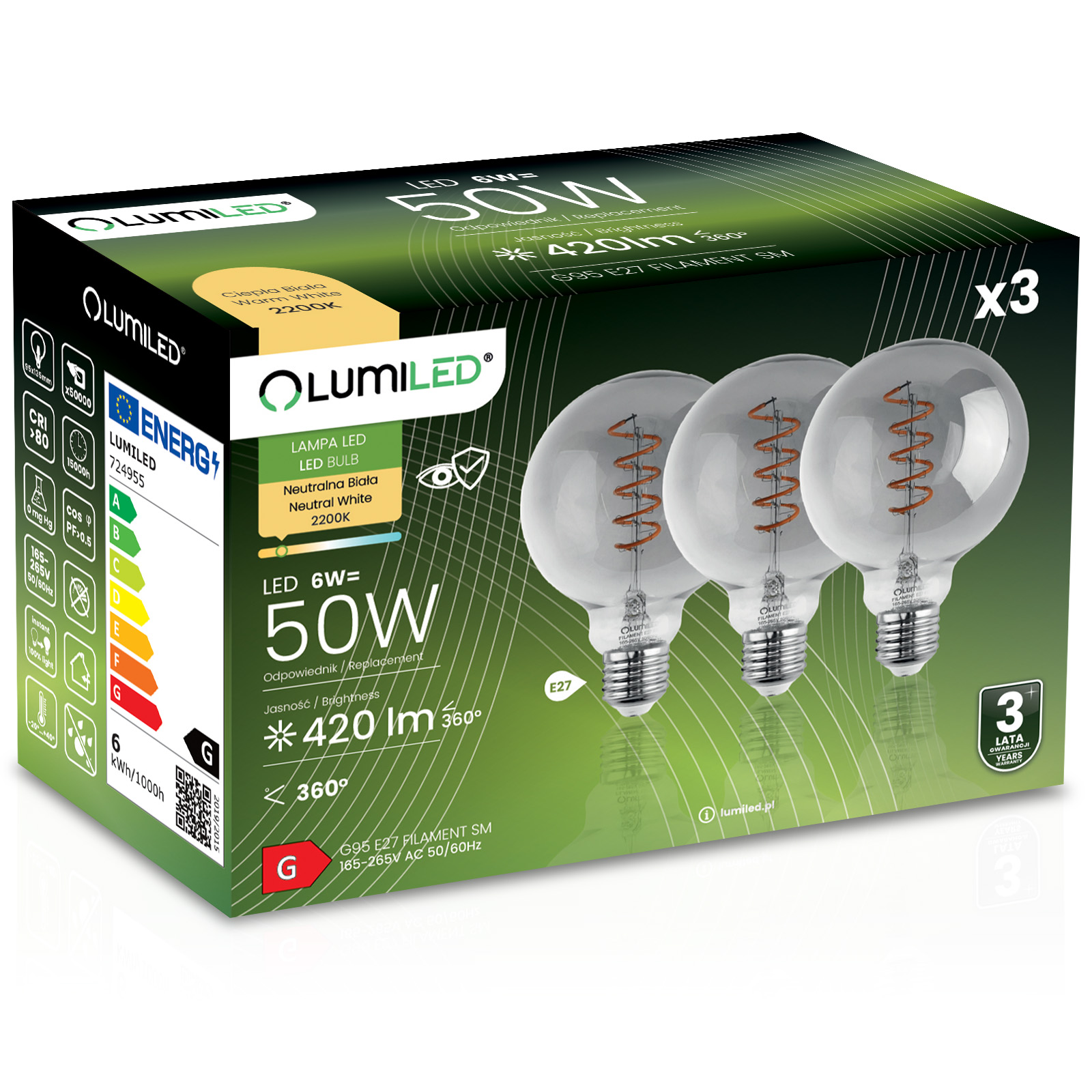 3x Żarówka LED E27 Kula G95 6W = 50W Ozdobna Dekoracyjna 360° LUMILED - główne zdjęcie produktu