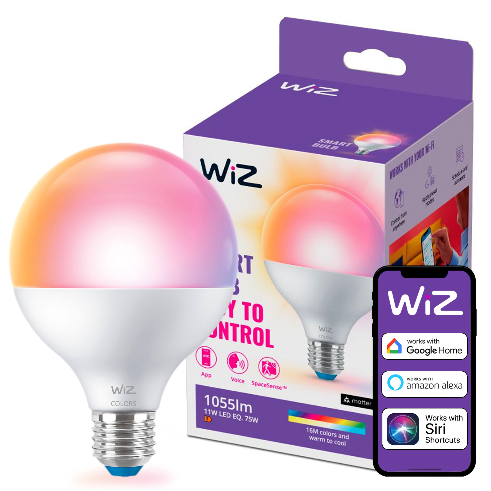 Żarówka LED E27 Kula G95 11W = 75W 1055lm 2200-6500K RGB + TW Inteligentna SMART WiFi Bluetooth Aplikacja WiZ - główne zdjęcie produktu