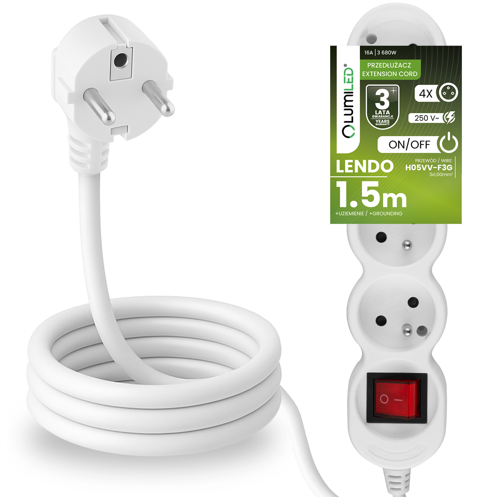 Przedłużacz Sieciowy Kabel z Uziemieniem Listwa Zasilająca 4 Gniazda 1.5m Włącznik ON/OFF Biały Sznur Lendo Lumiled - główne zdjęcie produktu