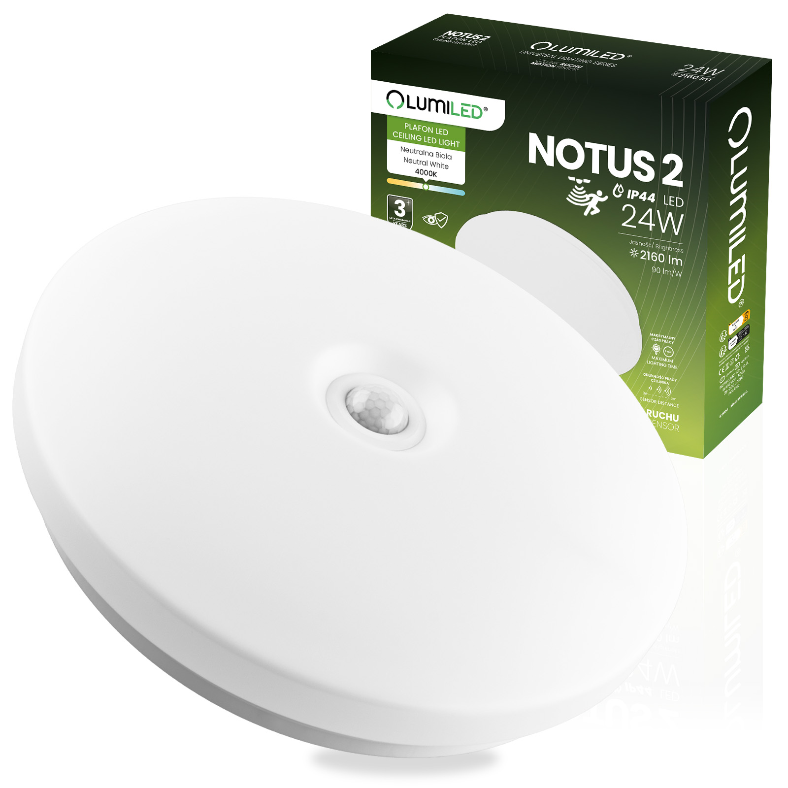 Plafon LED Lampa Sufitowa Natynkowa 24W NOTUS 2 Okrągły Czujnik Ruchu IP44 33 cm LUMILED - główne zdjęcie produktu