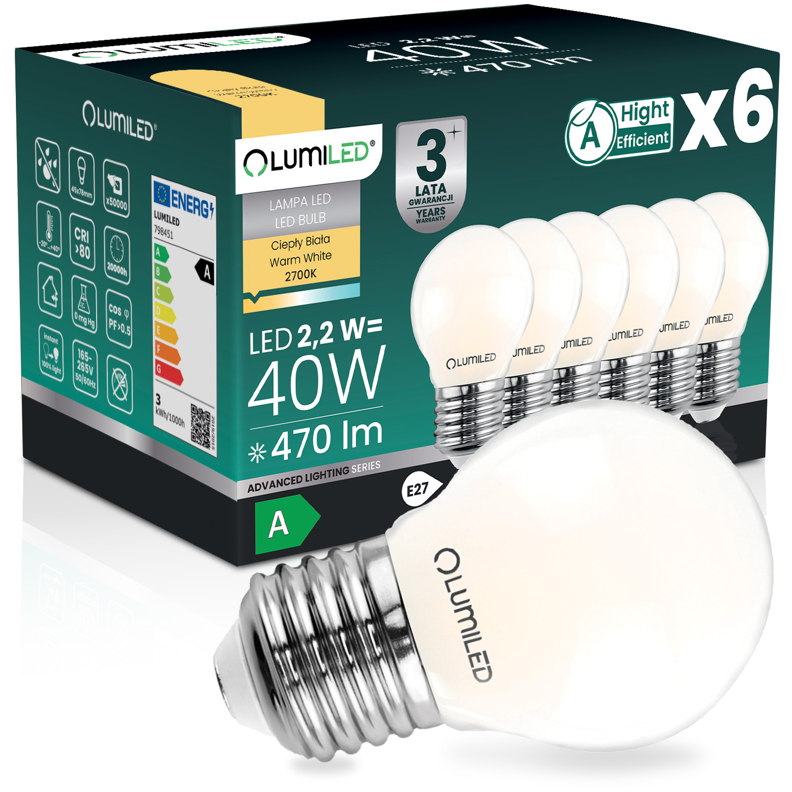 6x Żarówka LED E27 Kulka P45 2,2W 470lm = 40W 2700K Ciepła 360° Filament KLASA A LUMILED - główne zdjęcie produktu