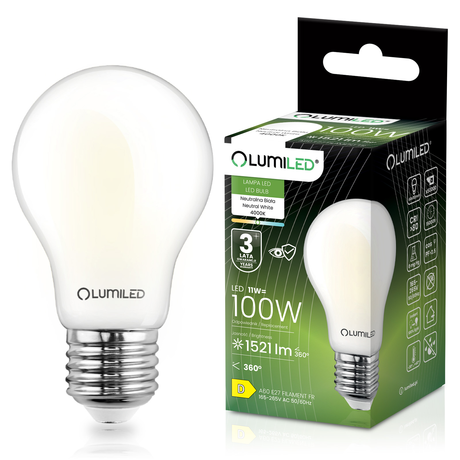 Żarówka LED E27 A60 11W = 100W 1521lm 4000K Neutralna 360° FILAMENT LUMILED - główne zdjęcie produktu
