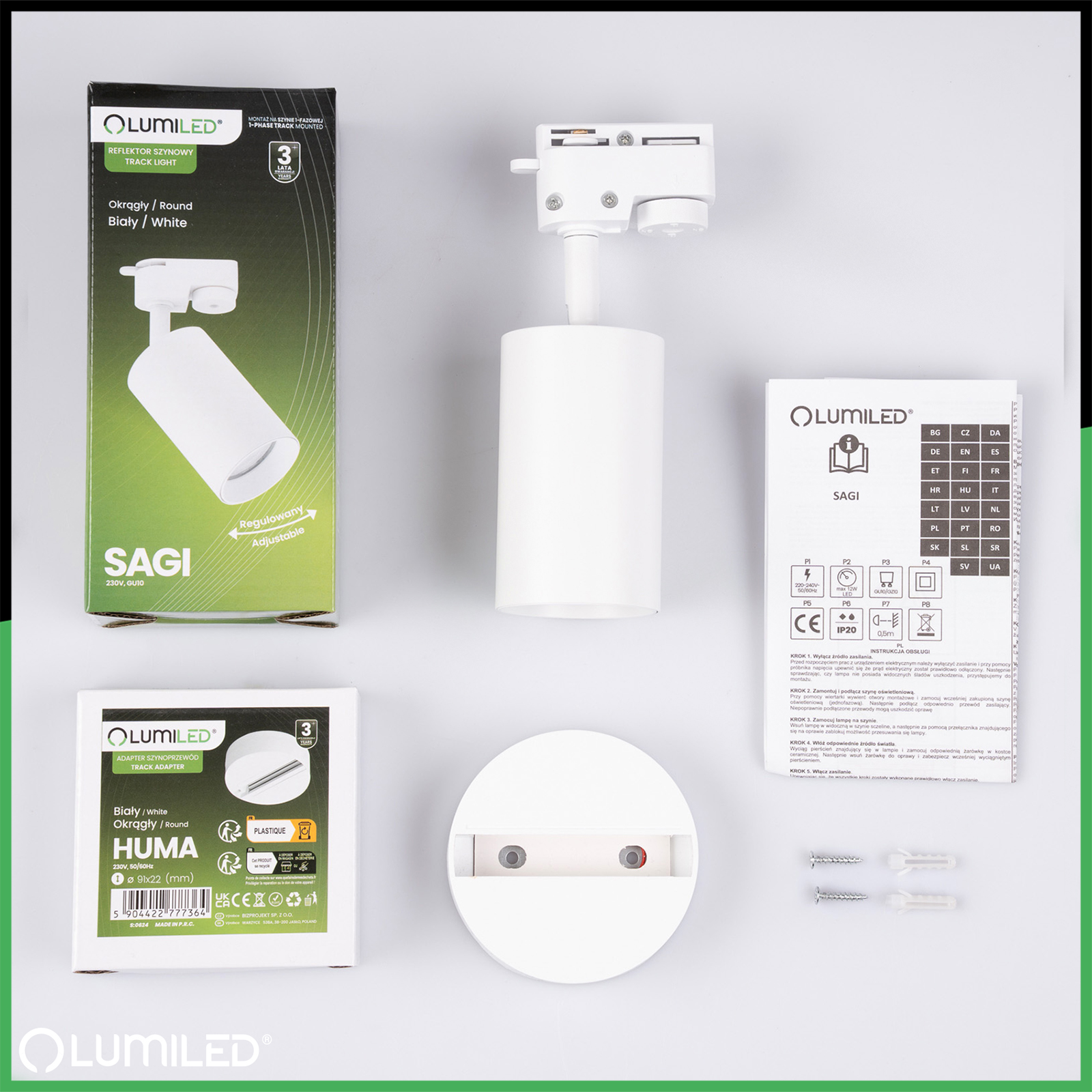 ZESTAW LUMILED SZYNA HUMA BIAŁY + REFLEKTOR SZYNOWY SAGI BIAŁY - skład produktu