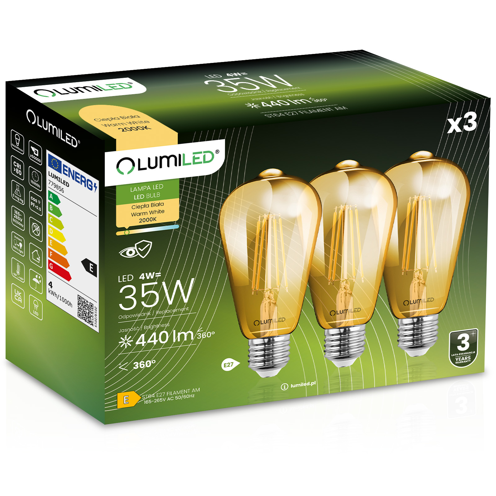 3x Żarówka LED E27 Edison ST64 4W = 35W 440lm 2000K Ciepła 360° FILAMENT LUMILED - główne zdjęcie produktu