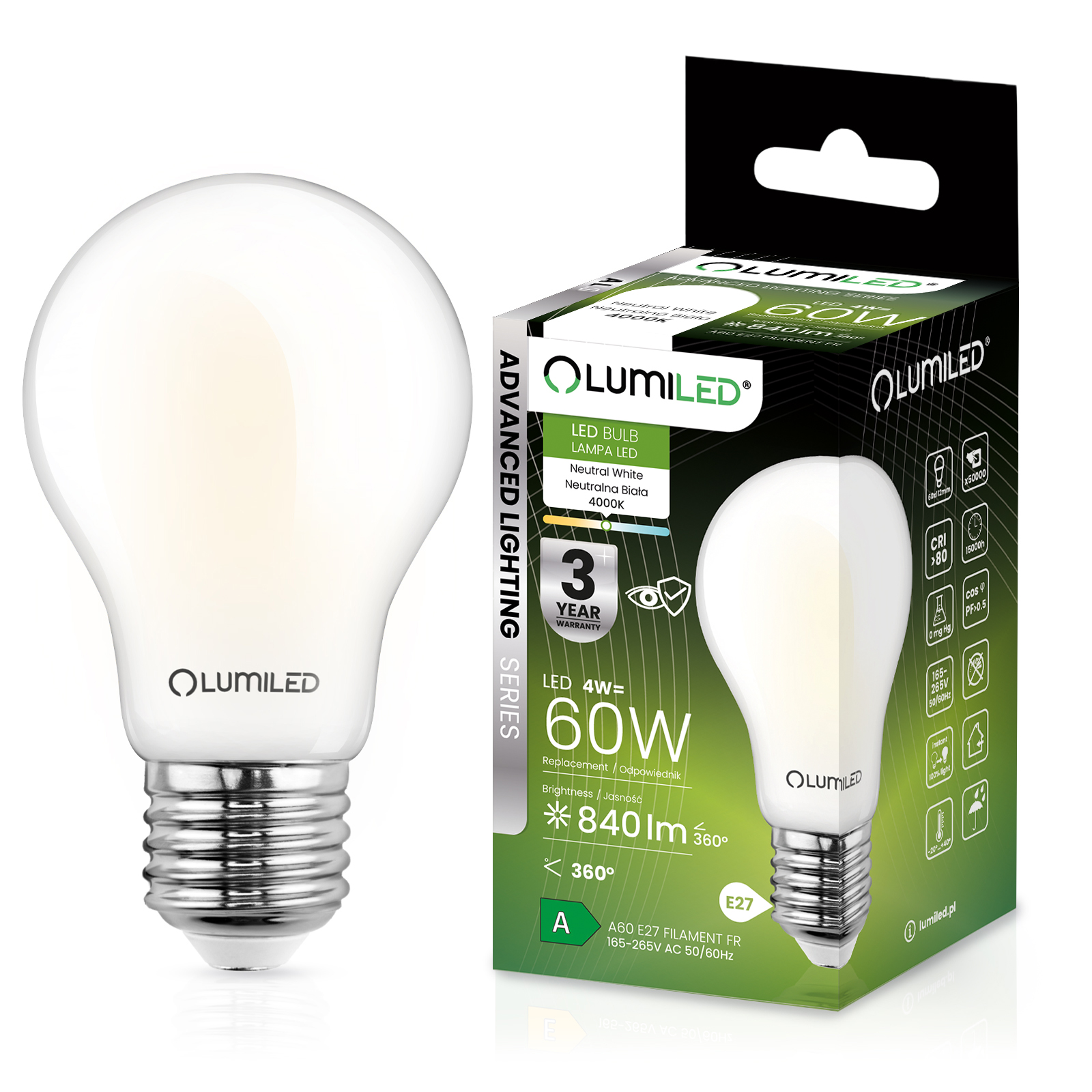 Żarówka LED E27 A60 4W = 60W 840lm 4000K Neutralna 360° FILAMENT LUMILED - główne zdjęcie produktu