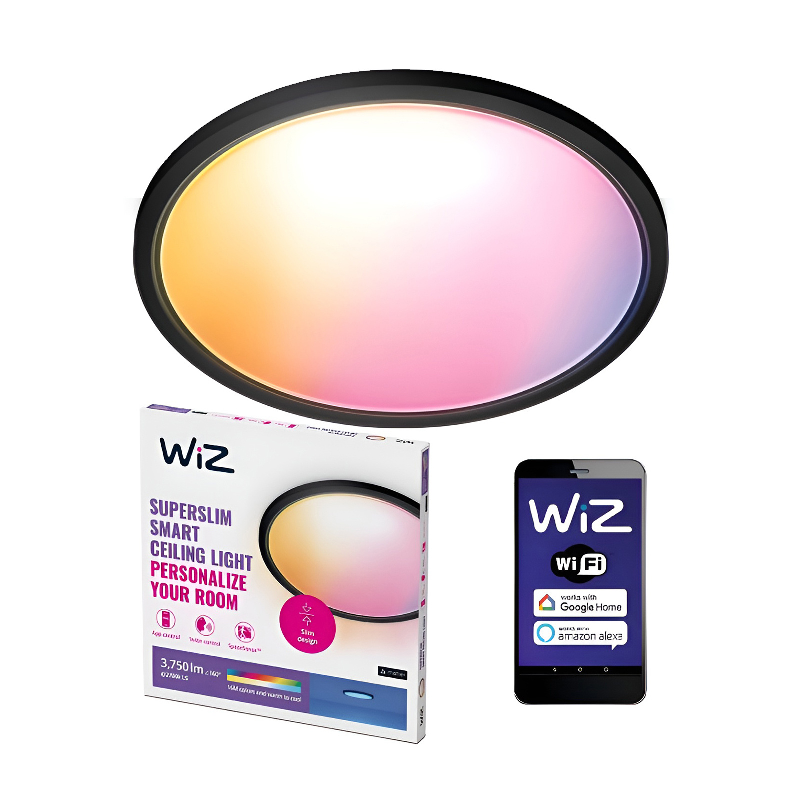 Plafon LED Lampa Sufitowa Natynkowa 32W 3750lm 2700-6500K RGB + TW 54.5cm Czarna Okrągła Inteligentna SMART WiFi Bluetooth Aplikacja Superslim WiZ - główne zdjęcie produktu