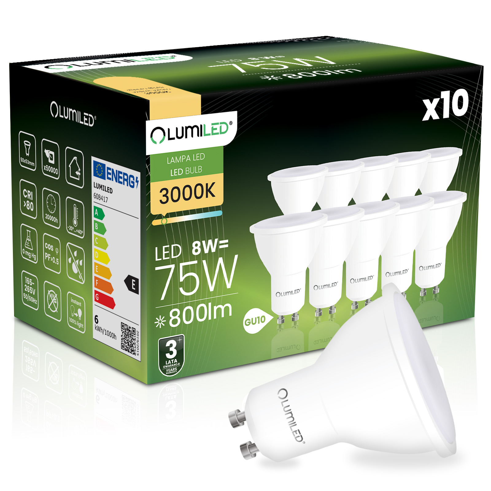 10x Żarówka LED GU10 Reflektor PAR16 8W = 80W 800lm 3000K Ciepła 120° LUMILED - główne zdjęcie produktu