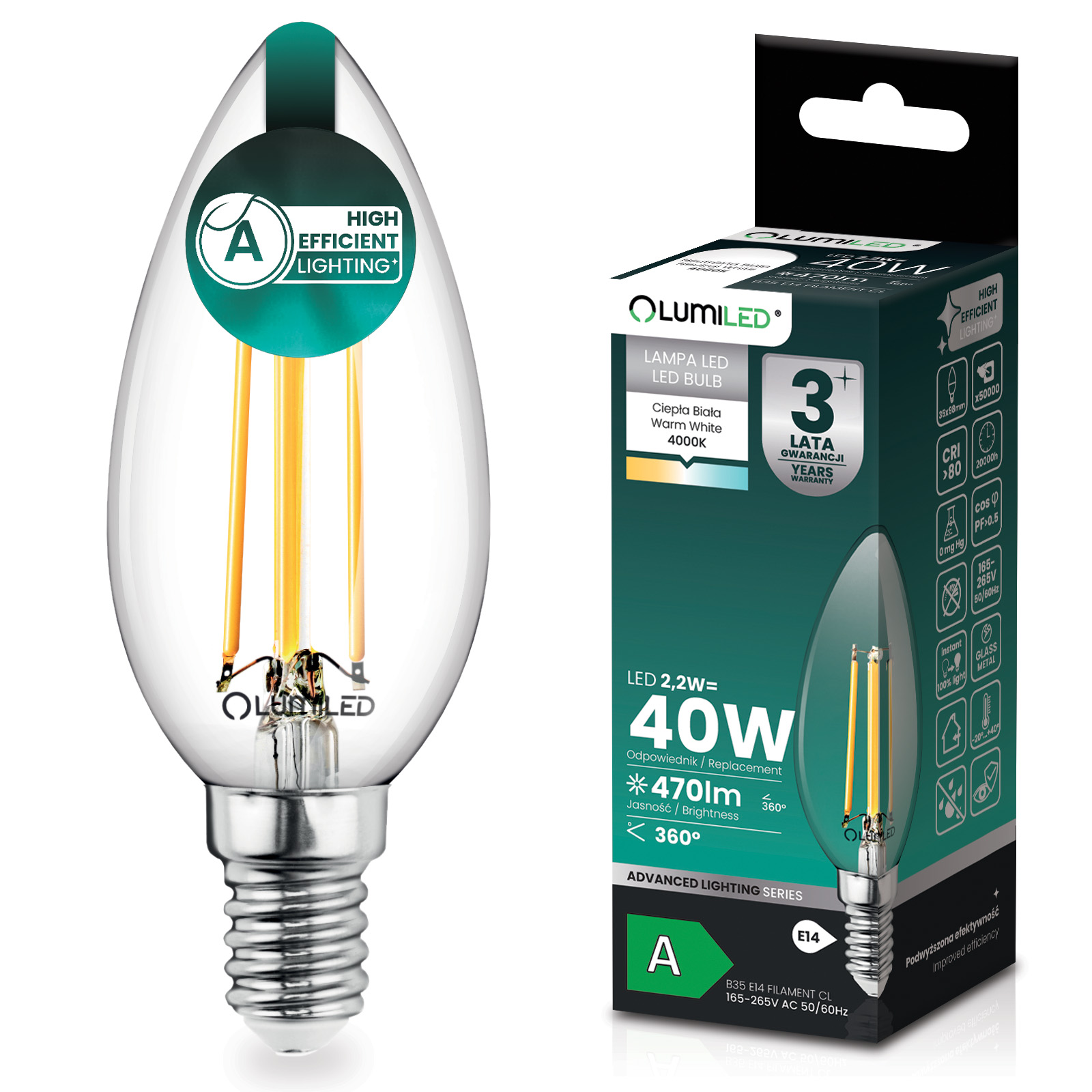 Żarówka LED E14 Świeczka B35 2,2W 470lm = 40W 4000K Neutralna 360° Filament KLASA A LUMILED - główne zdjęcie produktu