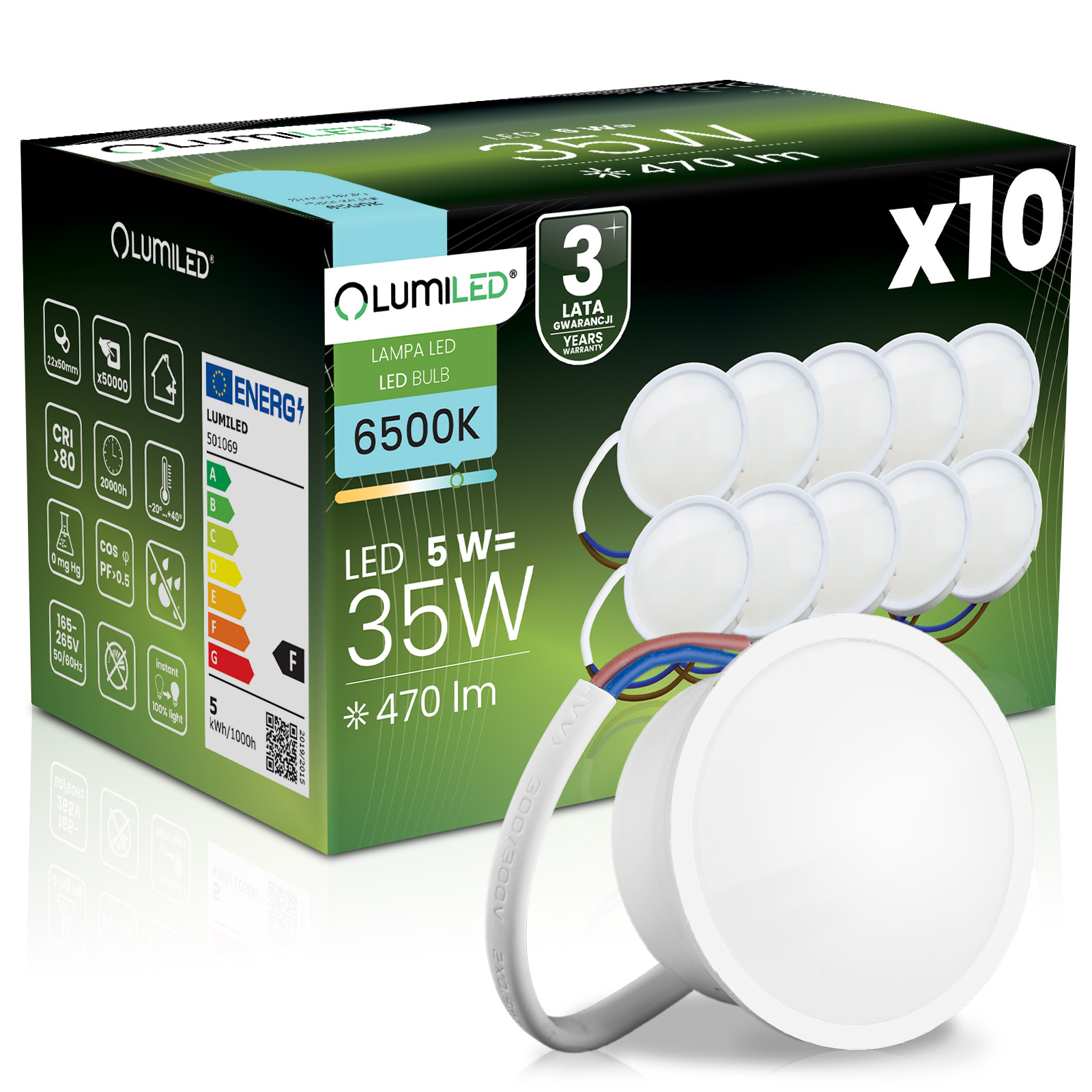 10x Wkład do Opraw LED Żarówka Moduł INSERT Reflektor 5W = 35W 470lm 6500K Zimna 120° LUMILED - główne zdjęcie produktu