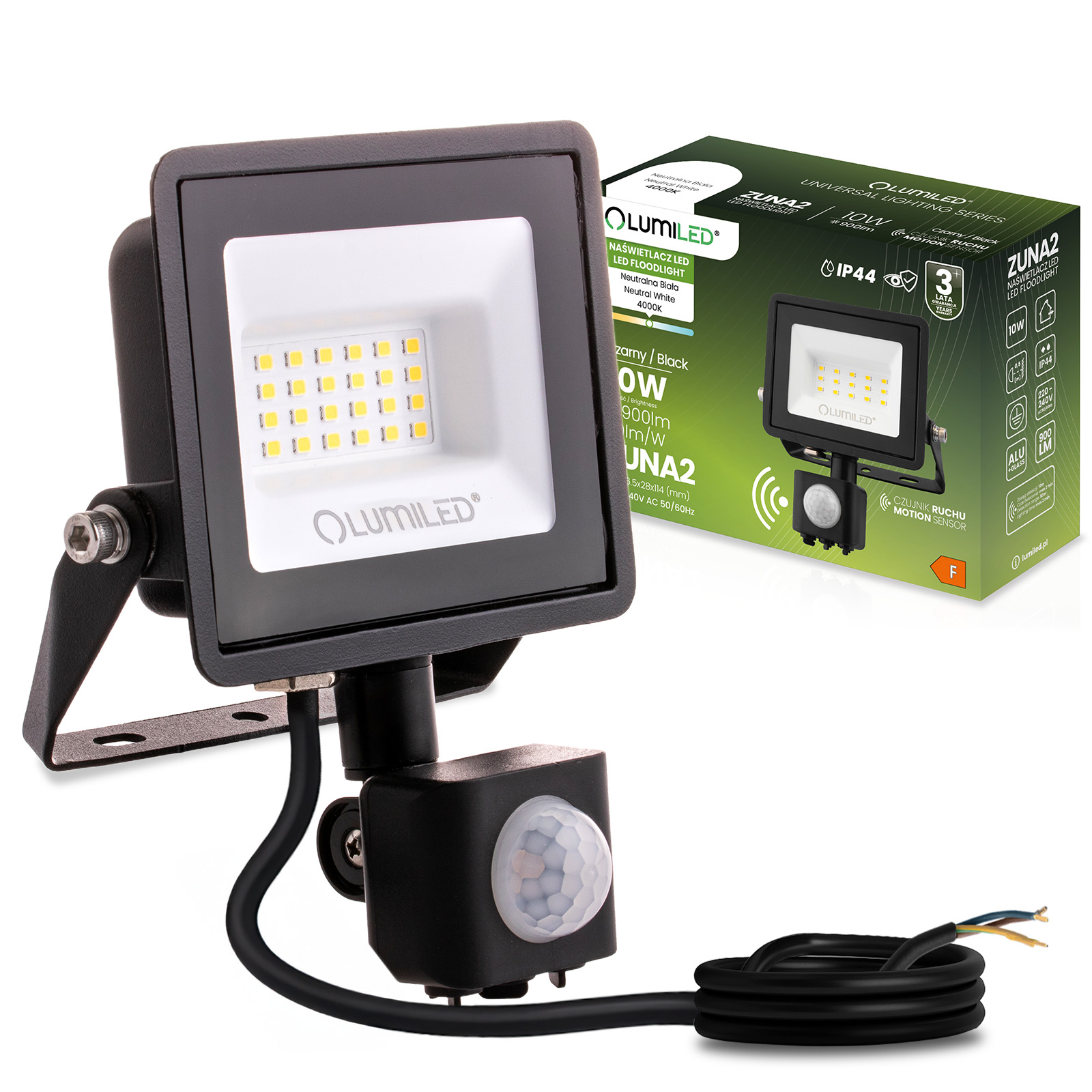 Naświetlacz LED ZUNA2 20W 1800lm 4000K IP44 Czarny Czujnik Ruchu LUMILED - główne zdjęcie produktu