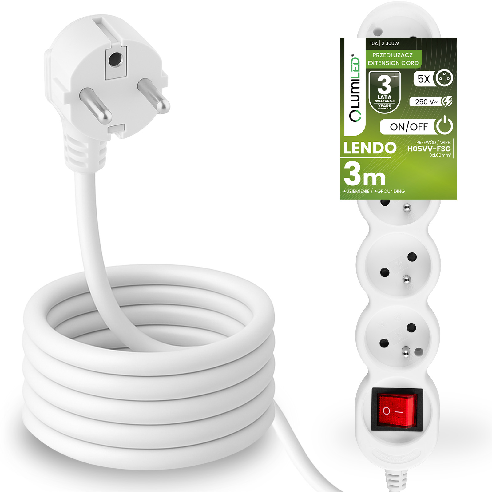 Przedłużacz Sieciowy Kabel z Uziemieniem Listwa Zasilająca 5 Gniazda 3m Włącznik ON/OFF Biały Sznur Lendo Lumiled - główne zdjęcie produktu
