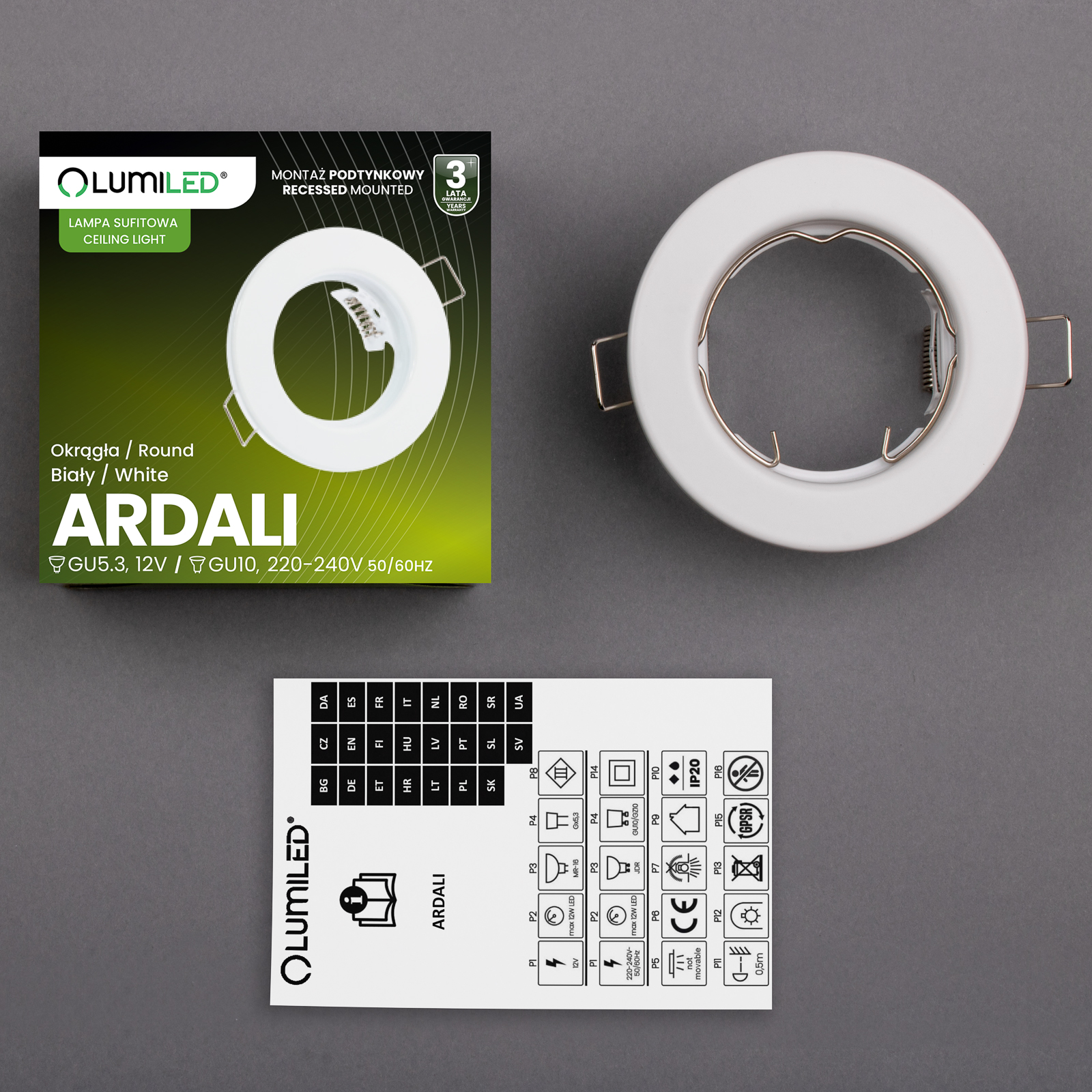 Oprawa Halogenowa Podtynkowa Okrągła Biała GU10 MR16 ARDALI LUMILED - skład produktu