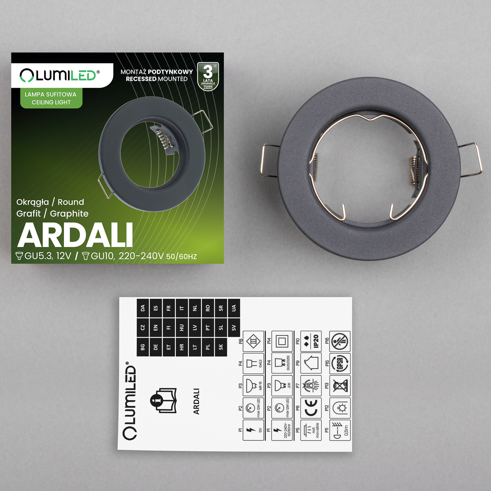 Oprawa Halogenowa Podtynkowa Okrągła Grafit GU10 MR16 ARDALI LUMILED - skład produktu